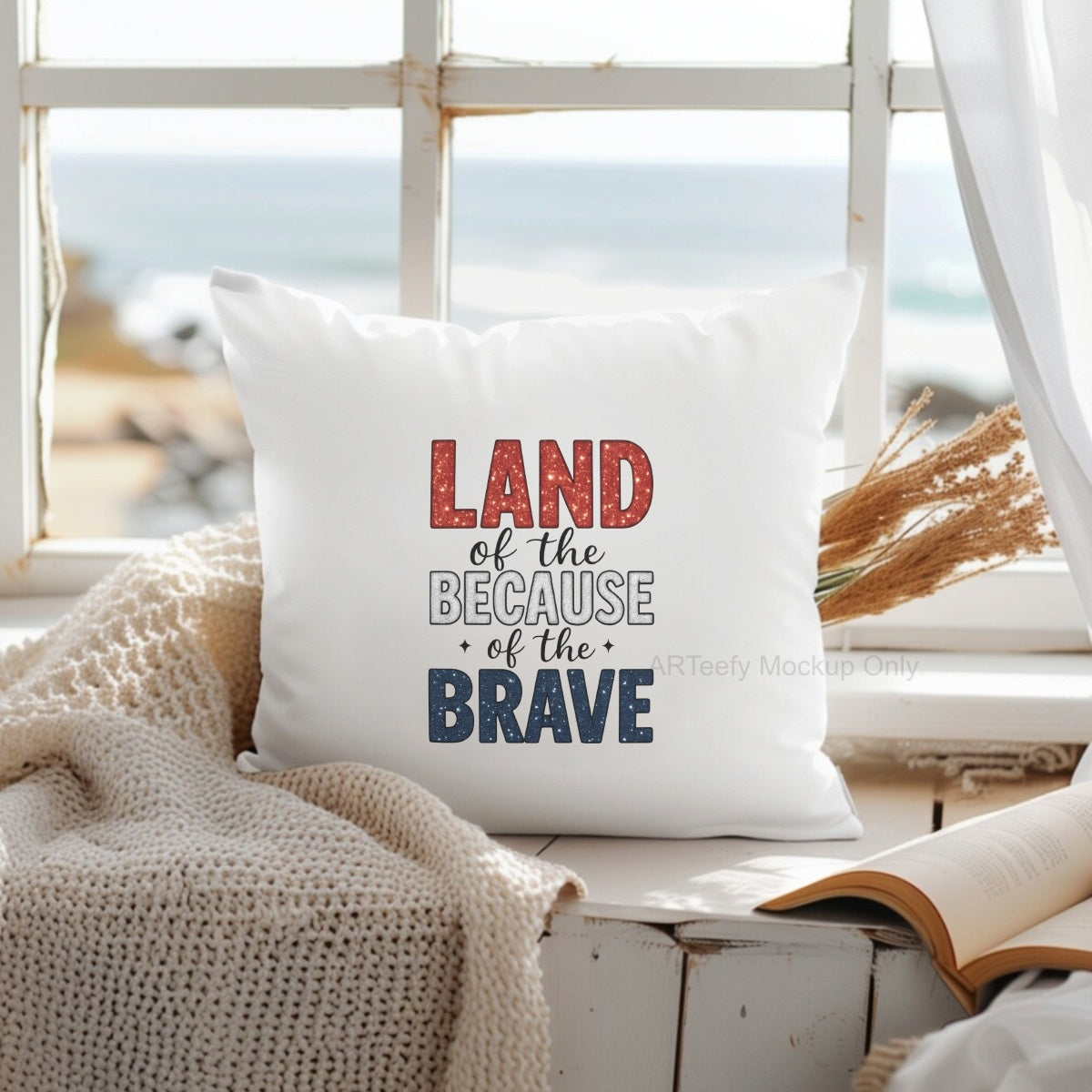 DTF Heat Transfer Iron On Sticker, Patriotic  Themed Land of the Brave Glittery Graphic, For Patriotic Apparel And National Holiday Decor