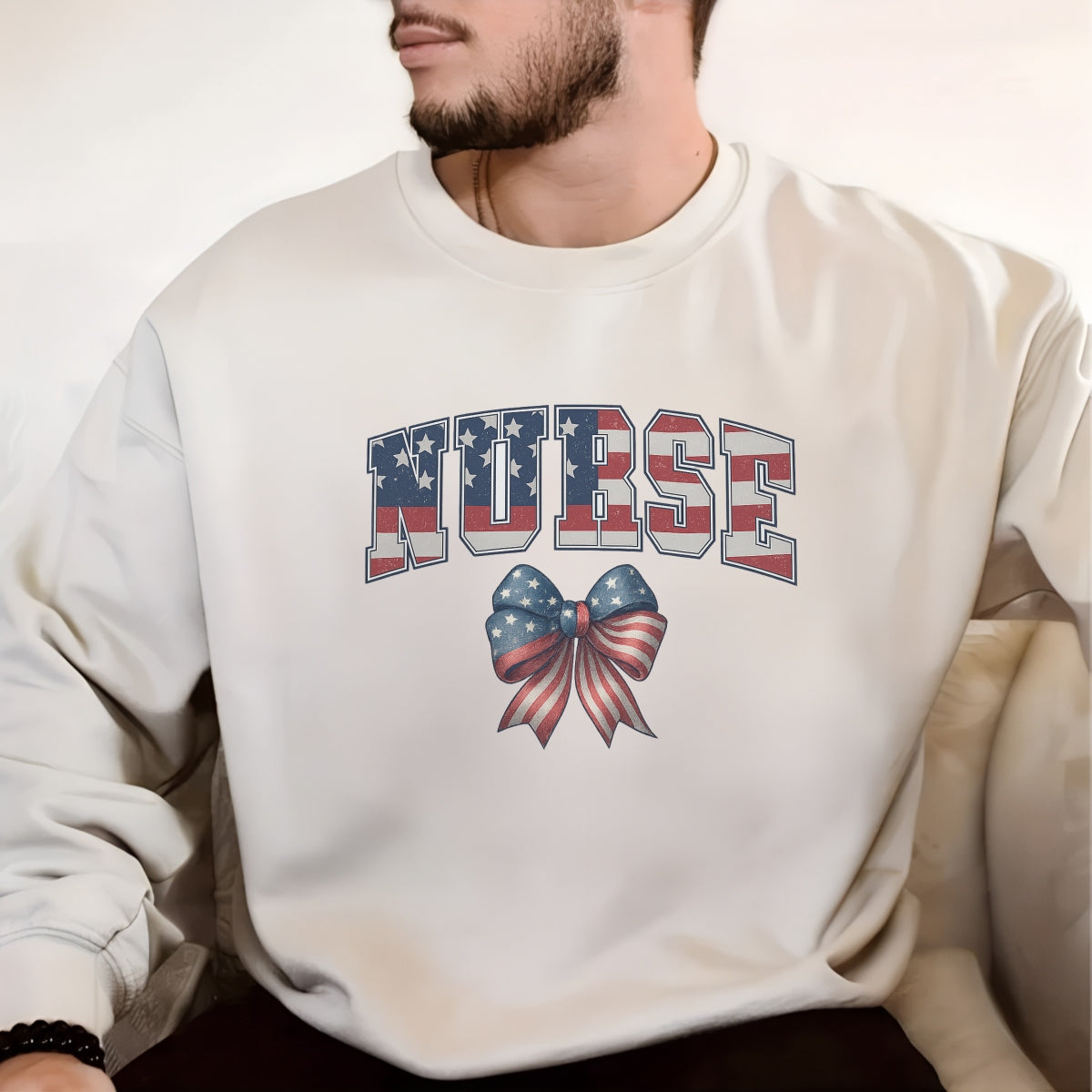 DTF Heat Transfer Iron On Sticker, Patriotic Nurse American Flag Bow Design, for Nurse Apparel and Patriotic Medical Merch