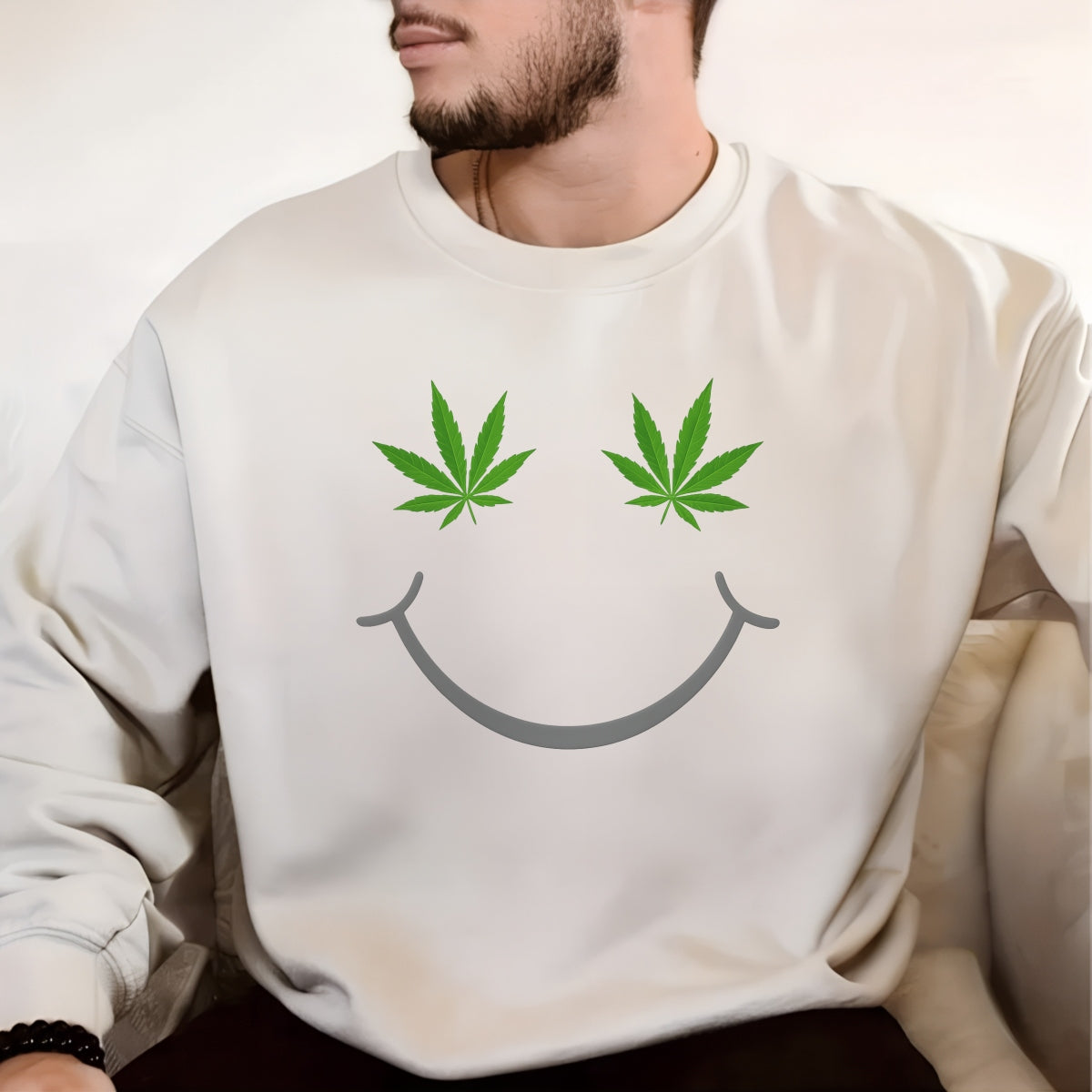 DTF Heat Transfer Iron On Sticker, Smile Face with Green Leaf Graphic, for Trendy Streetwear and Casual Fashion Decor