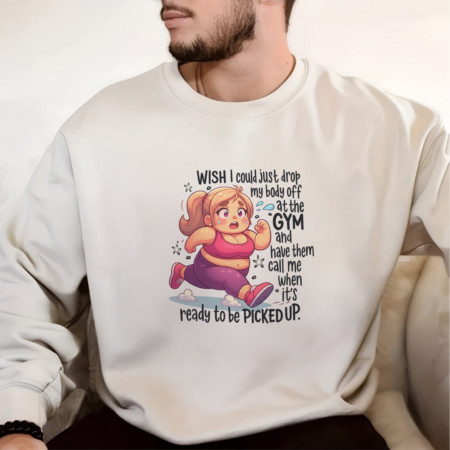 DTF Heat Transfer Iron On Sticker, Funny Gym Workout Cartoon with Relatable Quote, for Fitness, Humor Apparel