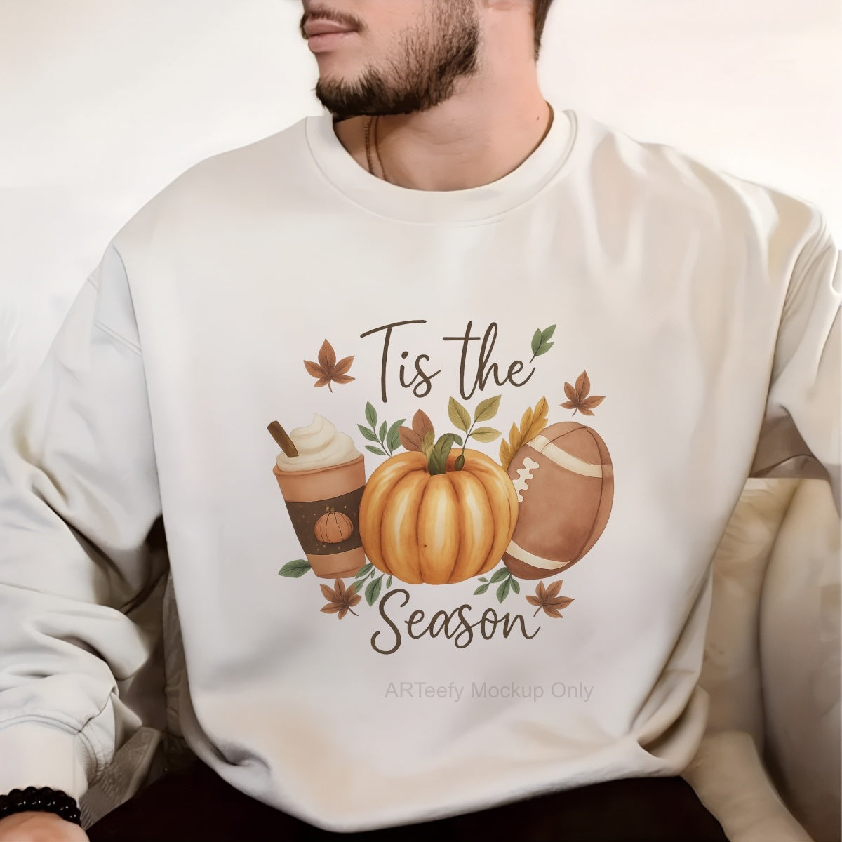 DTF Heat Transfer Iron On Sticker, Autumn Themed Pumpkin, Coffee & Football Elements with Tis the SeasonText, For Fall Inspired Apparel and Seasonal Decor