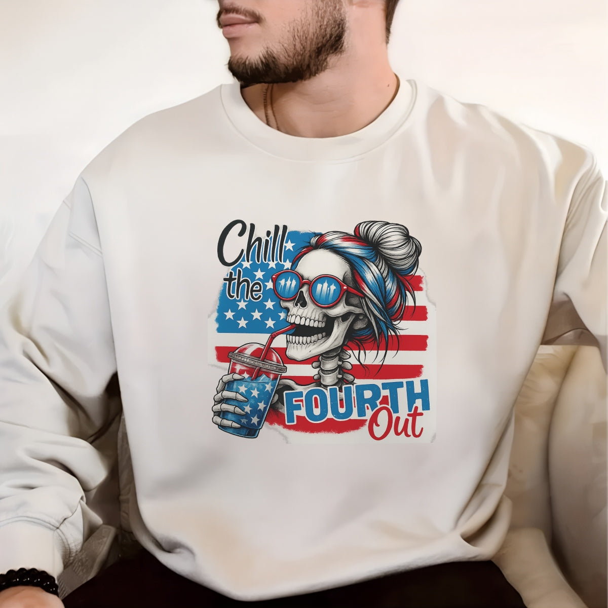 DTF Heat Transfer Iron On Sticker, Patriotic Skull Fourth of July Graphic, for Independence Day Apparel and Summer Celebration Merch