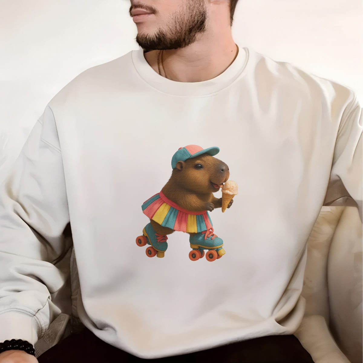 DTF Heat Transfer Iron On Sticker, Cute Capybara With Roller Skates & Ice Cream Graphic, For Fun Loving Apparel And Playful Decor