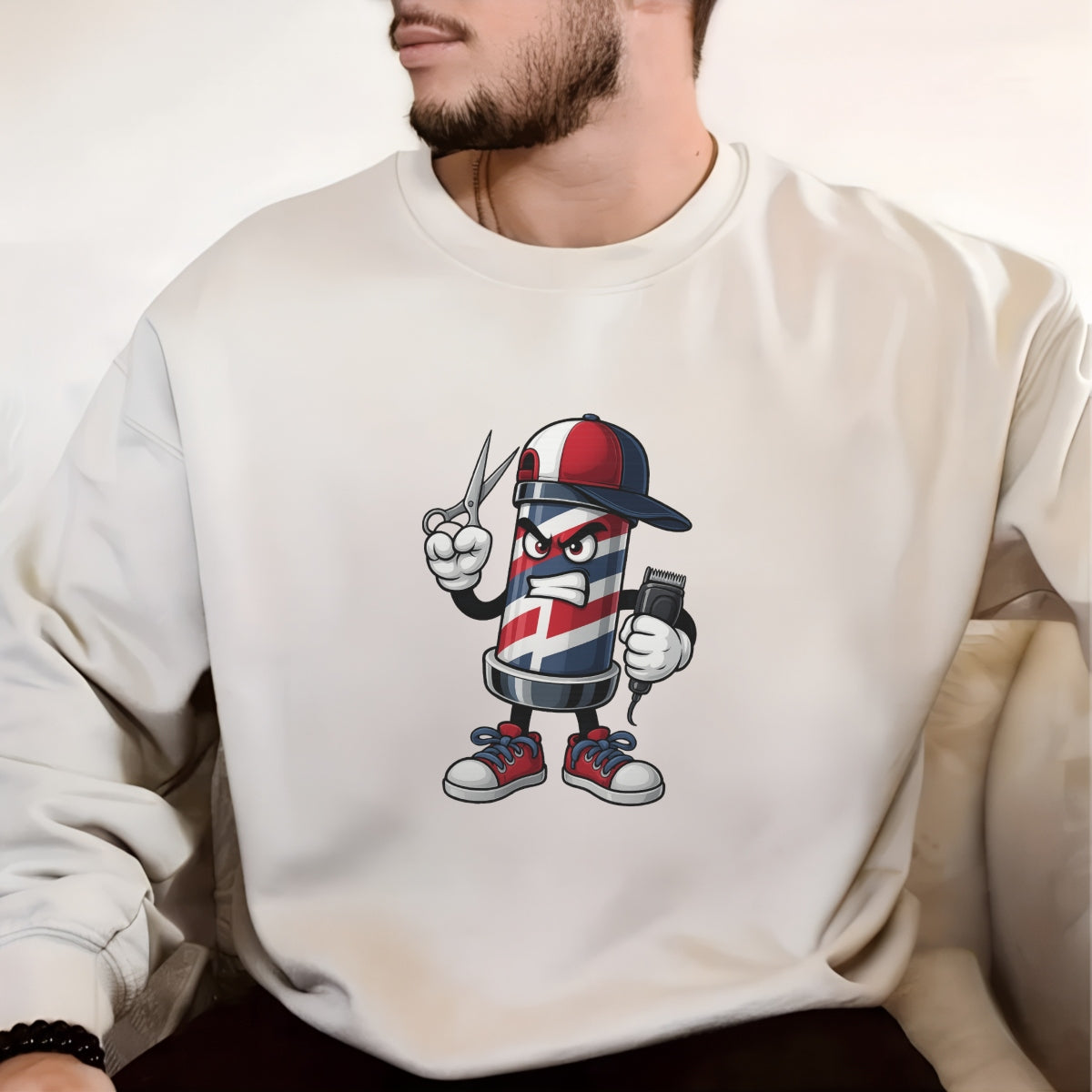 DTF Heat Transfer Iron On Sticker, Barber Pole Cartoon Character Graphic, for Barber Shop Apparel and Hairdresser Merch