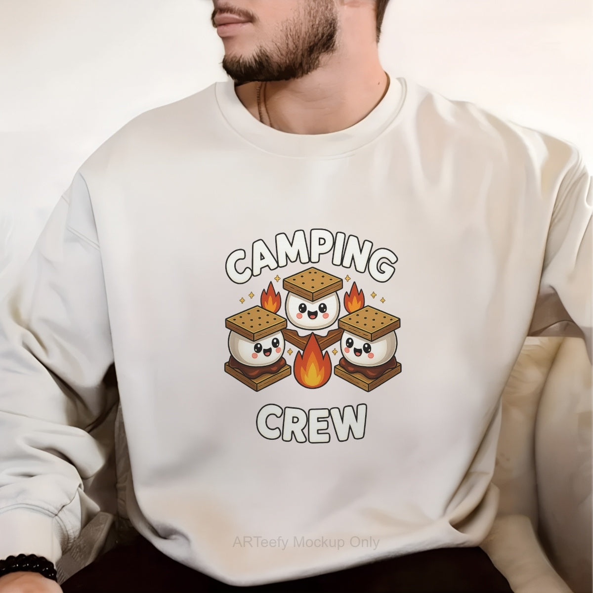 DTF Heat Transfer Iron On Sticker, Cute Camping S'mores & CAMPING CREW Text, For Outdoor Adventure Apparel And Camping Trips
