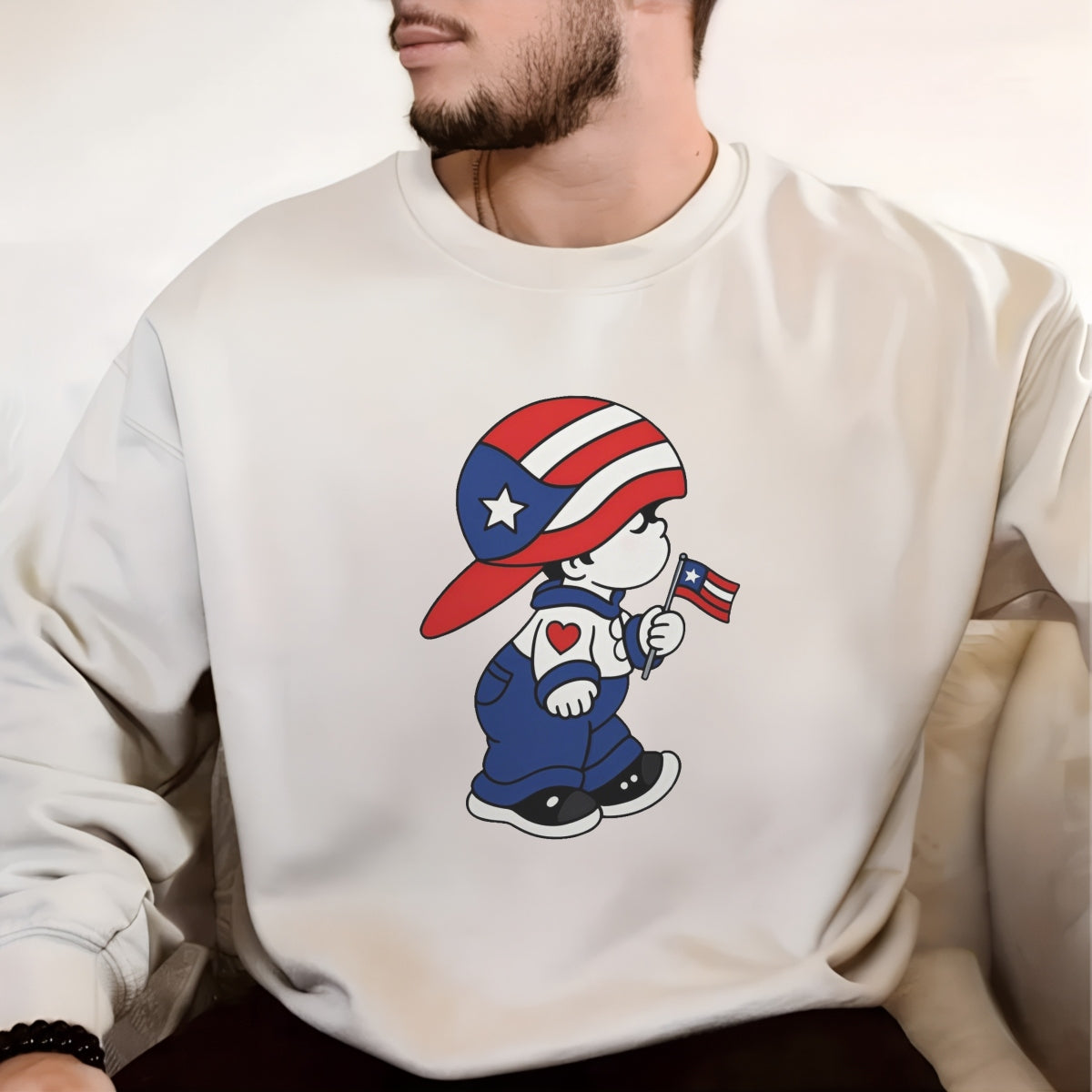 DTF Heat Transfer Iron On Sticker, Puerto Rico Flag - Themed Cartoon Character Design, for Patriotic Apparel Decoration