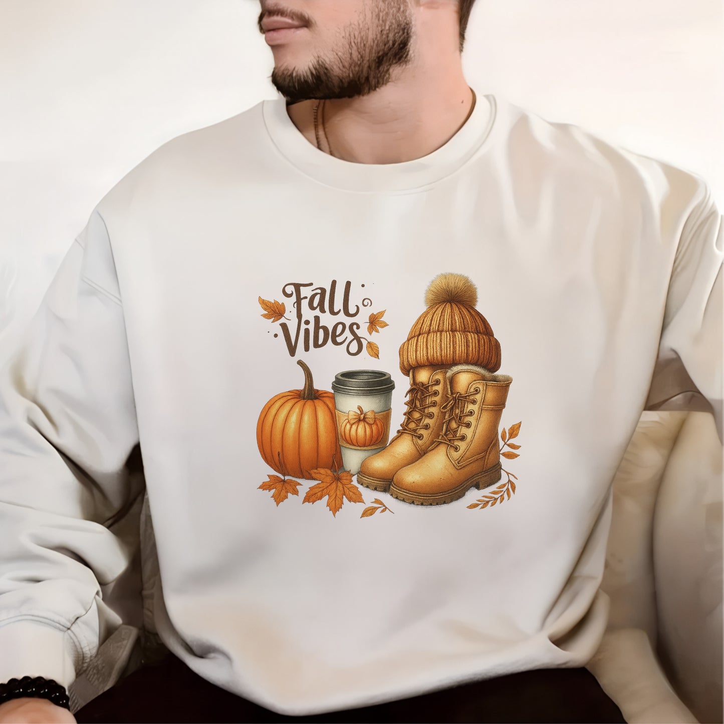 DTF Heat Transfer Iron On Sticker, Fall Vibes with Pumpkin, Boots & Coffee Design, for Autumn, Themed Apparel & Seasonal Decor