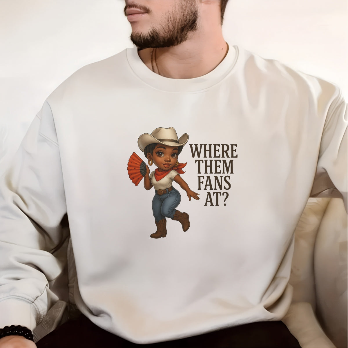 DTF Heat Transfer Iron On Sticker, Western Style “Where Them Fans At?” Graphic, for Trendy Apparel and Country  Vibe Decor