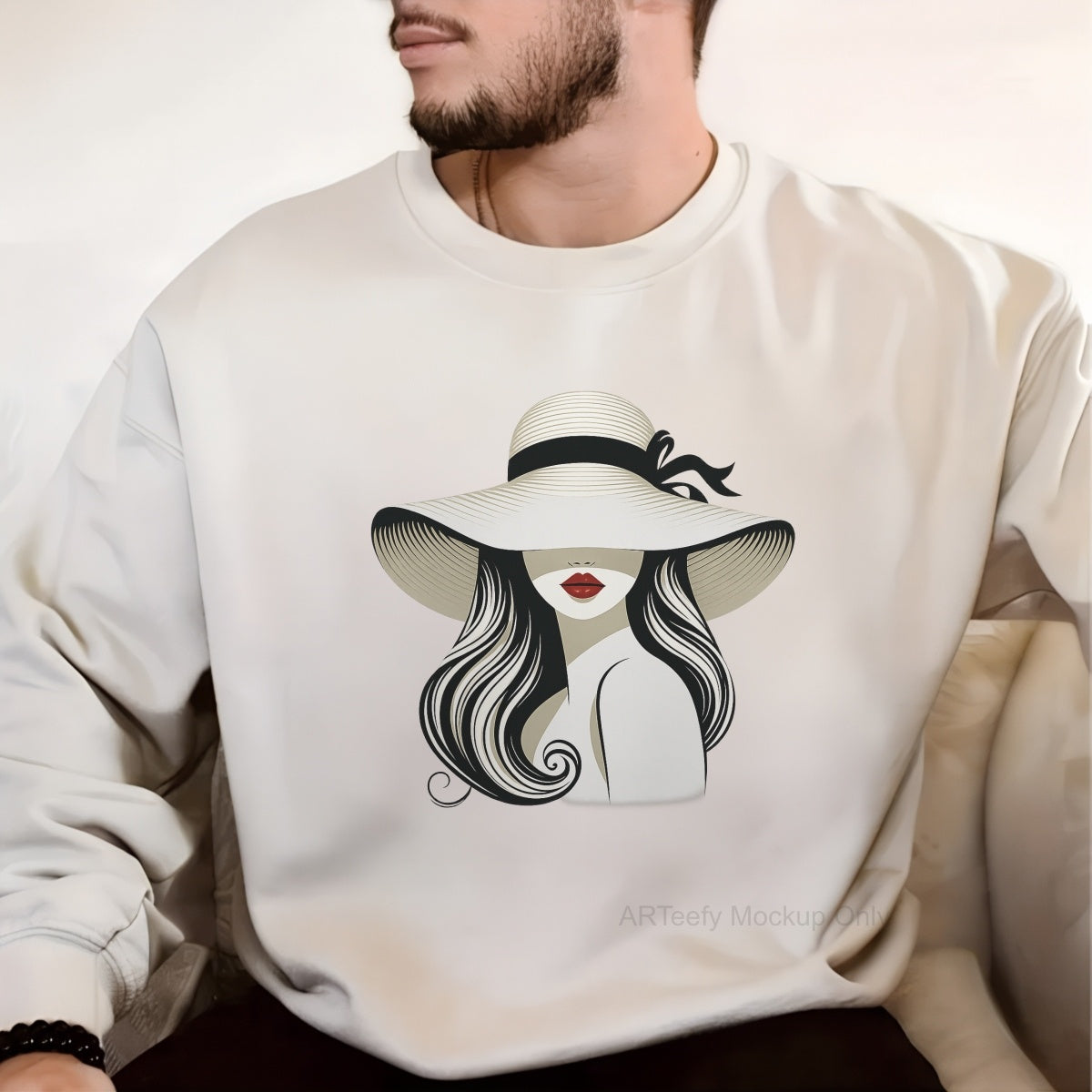DTF Heat Transfer Iron On Sticker, Stylish Lady With Wide Brimmed Hat Graphic, For Fashion Forward Apparel And Chic Decor