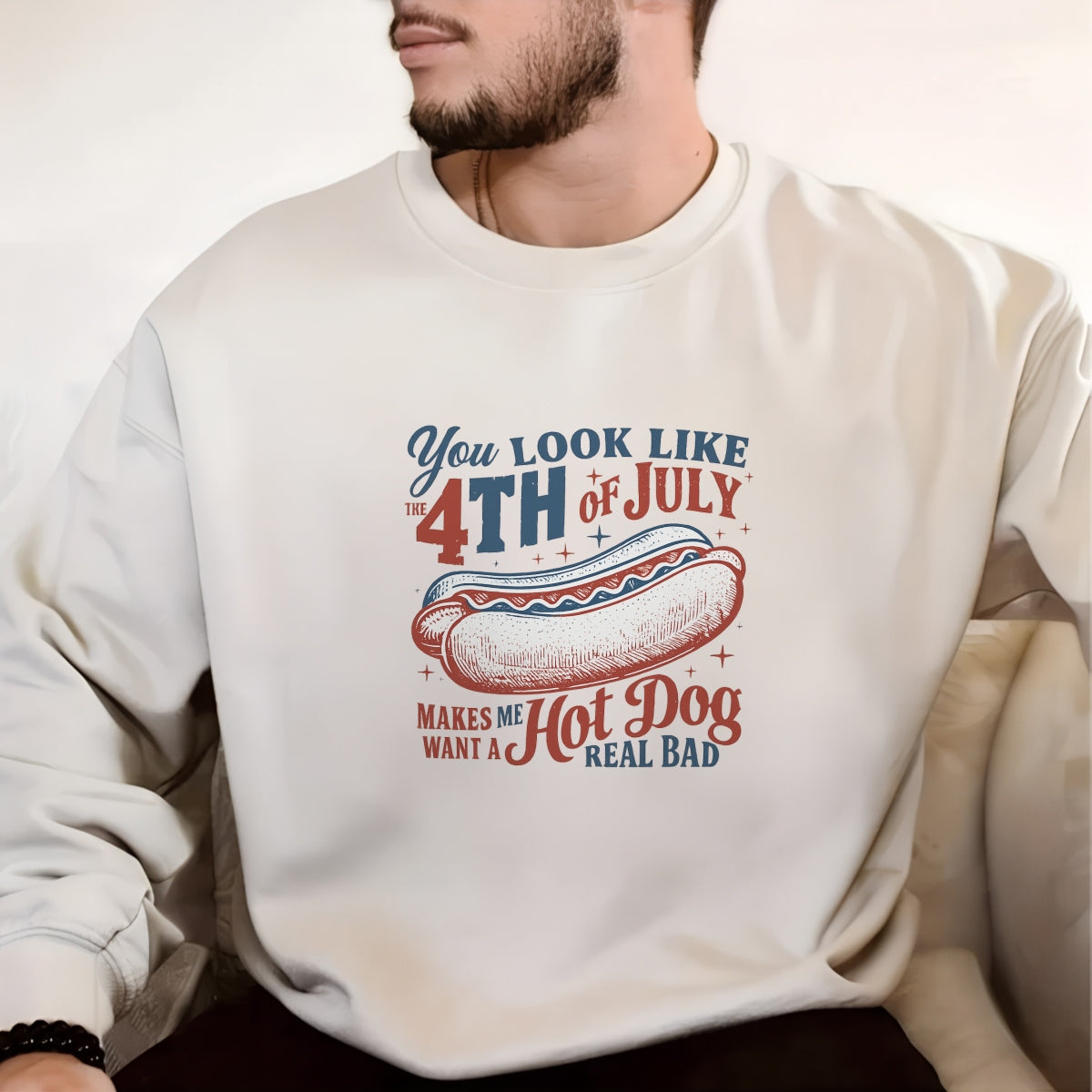 DTF Heat Transfer Iron On Sticker, 4th of July Hot Dog Graphic, for Patriotic Apparel and Independence Day Decor