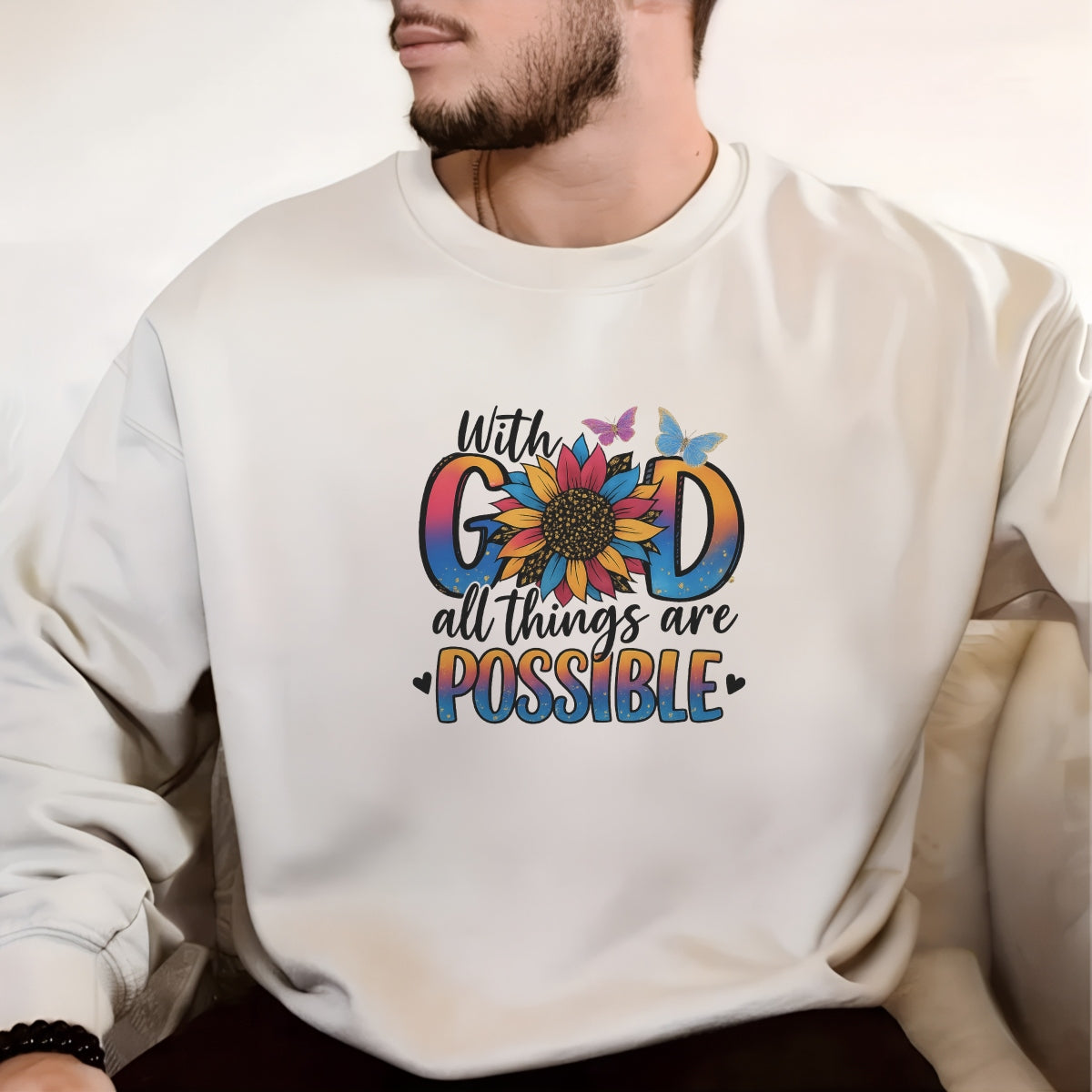 DTF Heat Transfer Iron On Sticker, Inspirational “With God” Sunflower Graphic, for Faith - Based Apparel and Uplifting Decor