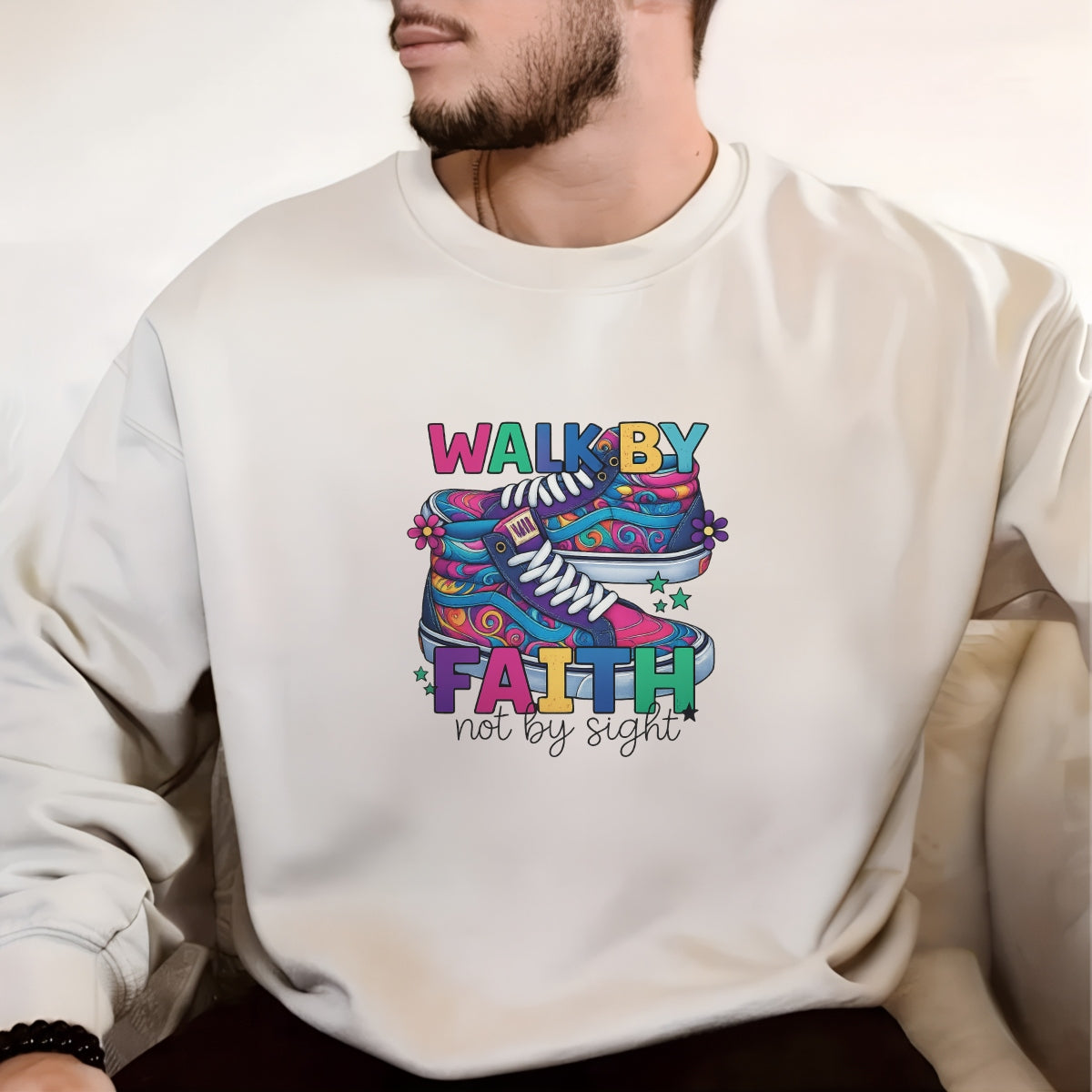 DTF Heat Transfer Iron On Sticker, Groovy Faith - Inspired Sneaker Graphic, for Spiritual Apparel and Fun Decor