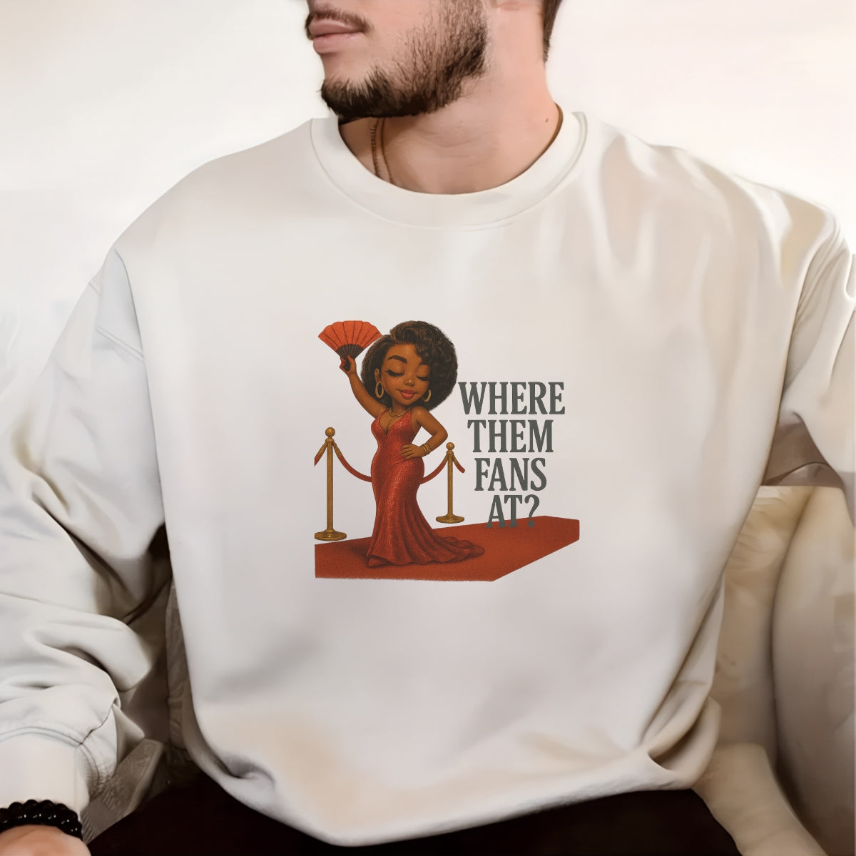 DTF Heat Transfer Iron On Sticker, Red Carpet Glam “Where Them Fans At?” Graphic, for Trendy Apparel and Event Themed Decor