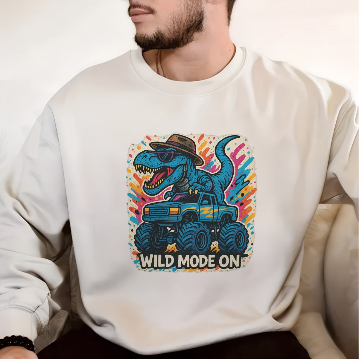 DTF Heat Transfer Iron On Sticker, Colorful Dinosaur Monster Truck Wild Mode Graphic, for Trendy Adventure Apparel and Funky Outdoor Merch