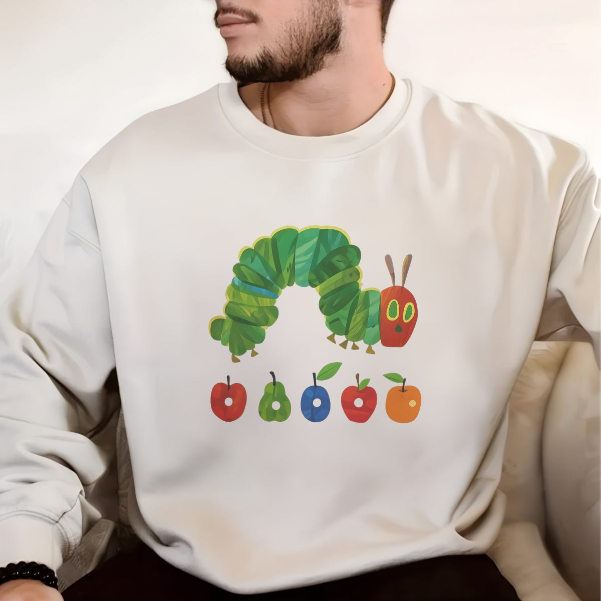 DTF Heat Transfer Iron On Sticker, Iconic Hungry Caterpillar & Fruit Graphic, for Retro Storybook Fashion & Literary Gifts