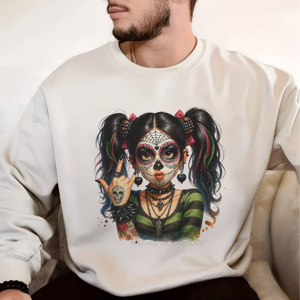 DTF Heat Transfer Iron On Sticker, Halloween Themed Stylish Sugar Skull Girl Elements, For Spooky Season Edgy Apparel and Halloween Party Decor