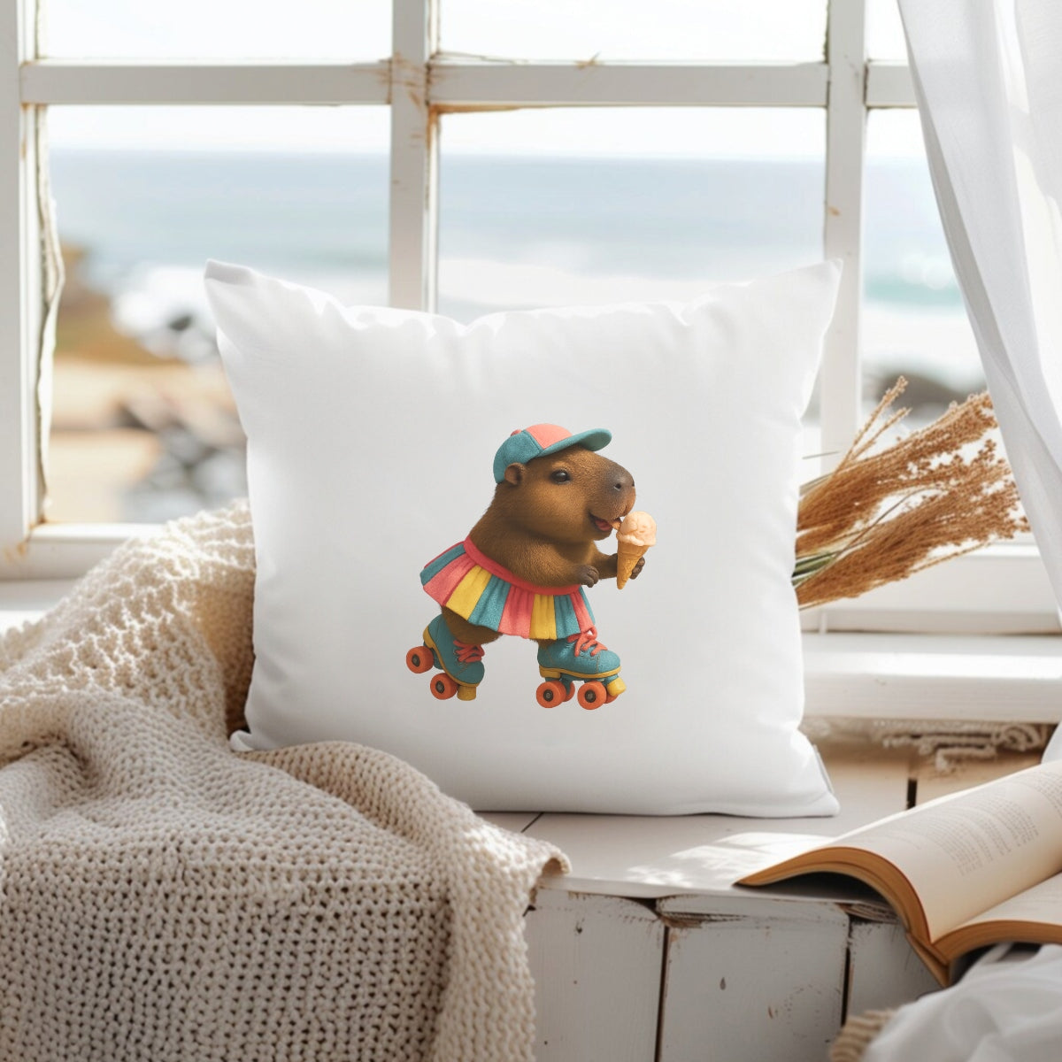 DTF Heat Transfer Iron On Sticker, Cute Capybara With Roller Skates & Ice Cream Graphic, For Fun Loving Apparel And Playful Decor