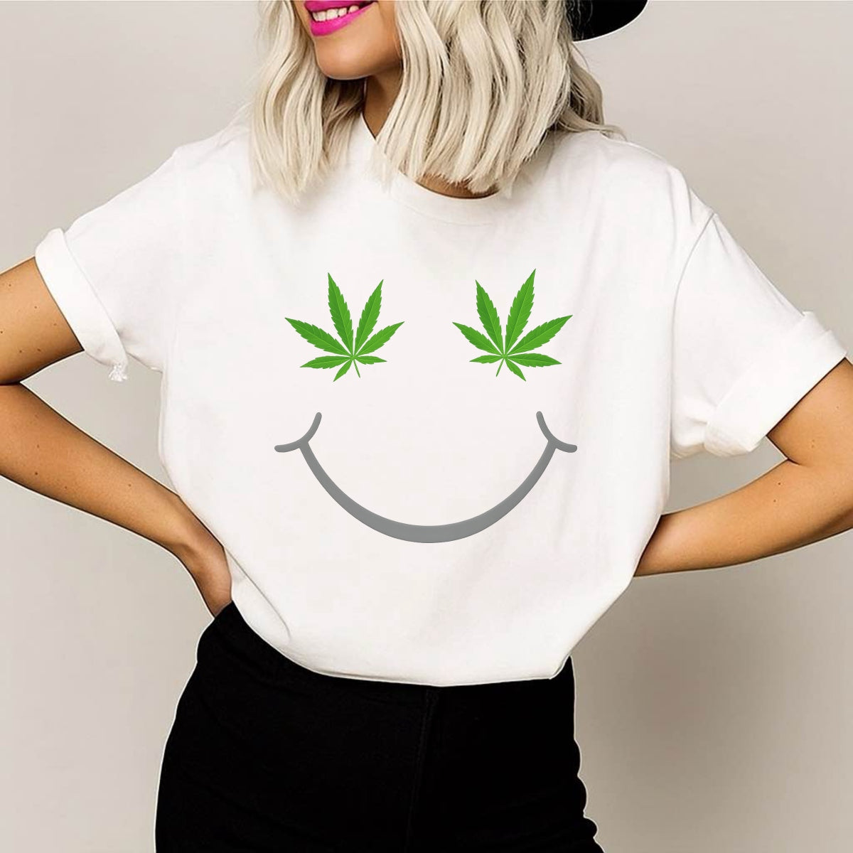 DTF Heat Transfer Iron On Sticker, Smile Face with Green Leaf Graphic, for Trendy Streetwear and Casual Fashion Decor