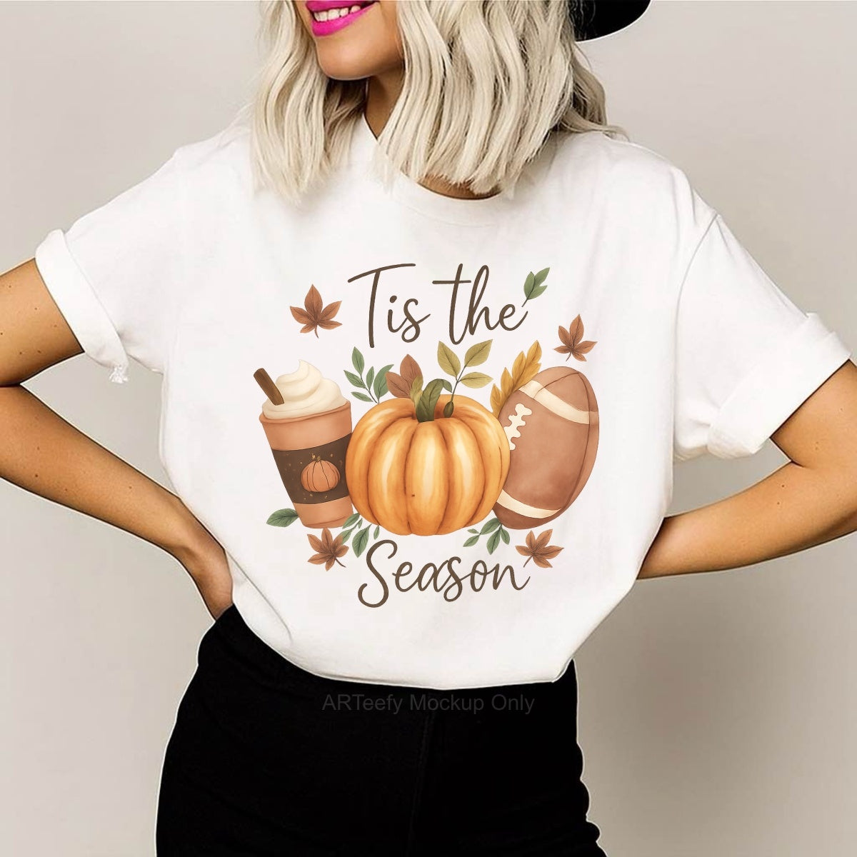 DTF Heat Transfer Iron On Sticker, Autumn Themed Pumpkin, Coffee & Football Elements with Tis the SeasonText, For Fall Inspired Apparel and Seasonal Decor