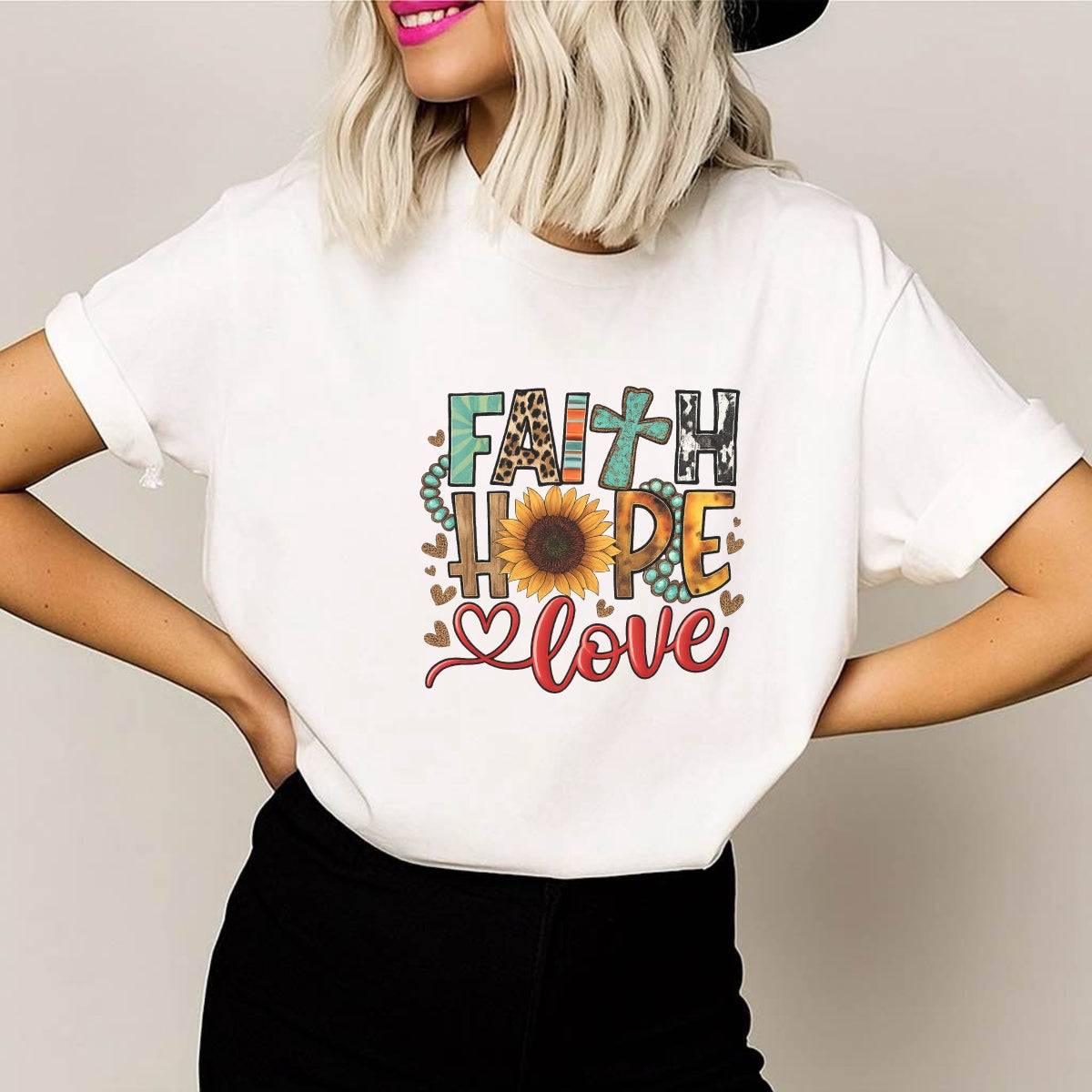 DTF Heat Transfer Iron On Sticker, Boho “Faith Hope Love” Graphic, for Spiritual Apparel and Cozy Decor