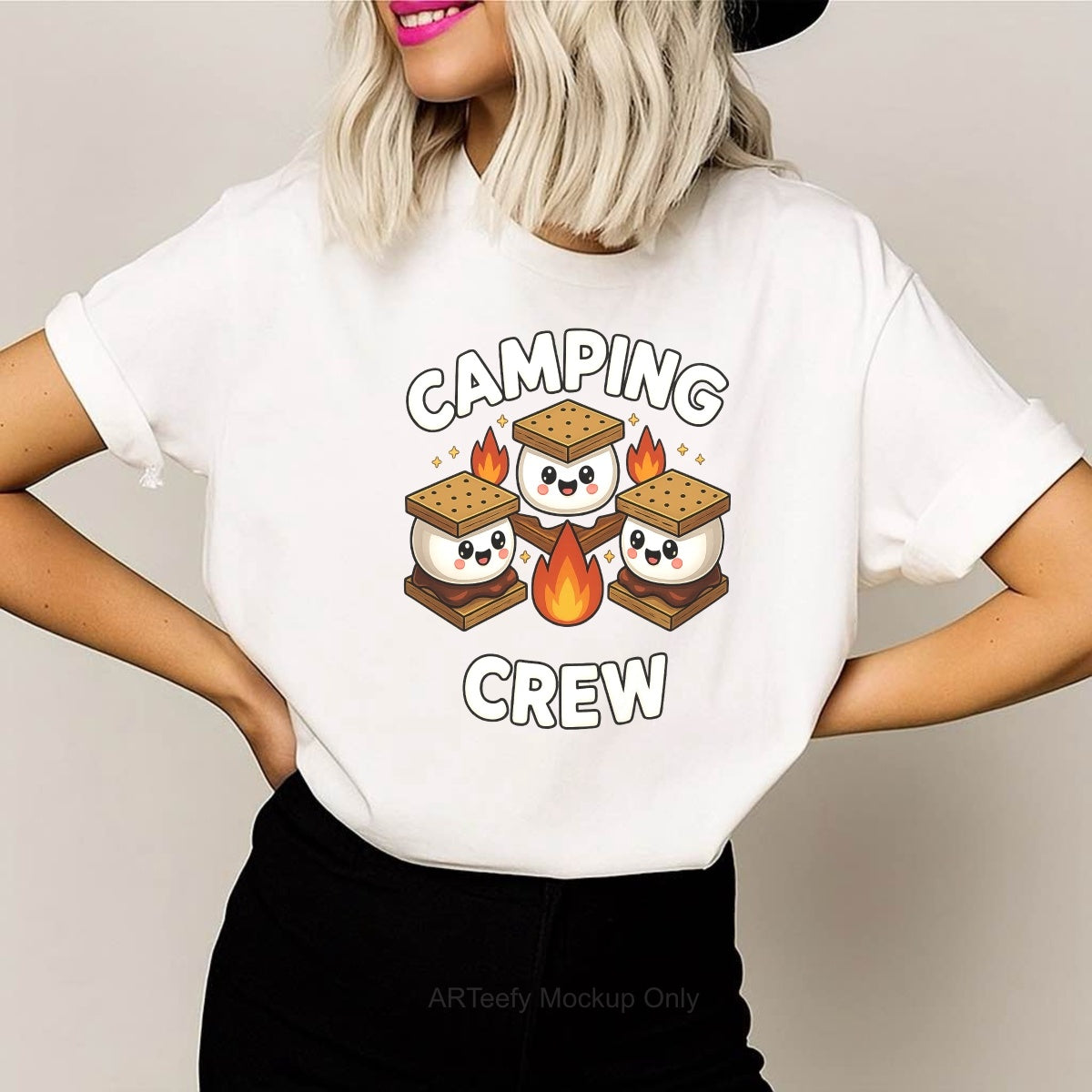 DTF Heat Transfer Iron On Sticker, Cute Camping S'mores & CAMPING CREW Text, For Outdoor Adventure Apparel And Camping Trips