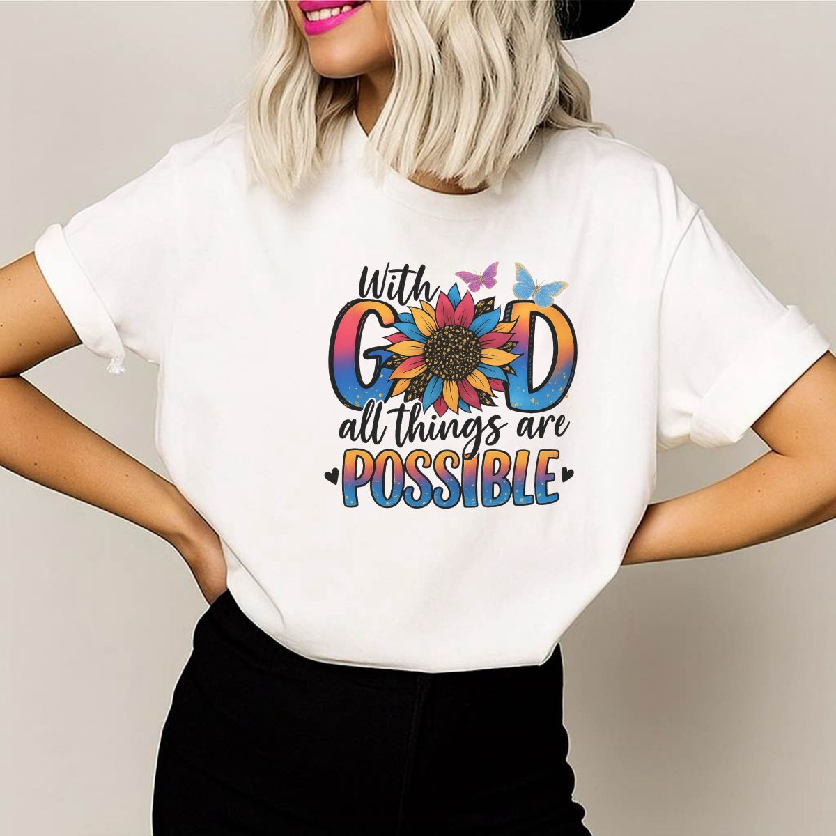 DTF Heat Transfer Iron On Sticker, Inspirational “With God” Sunflower Graphic, for Faith - Based Apparel and Uplifting Decor