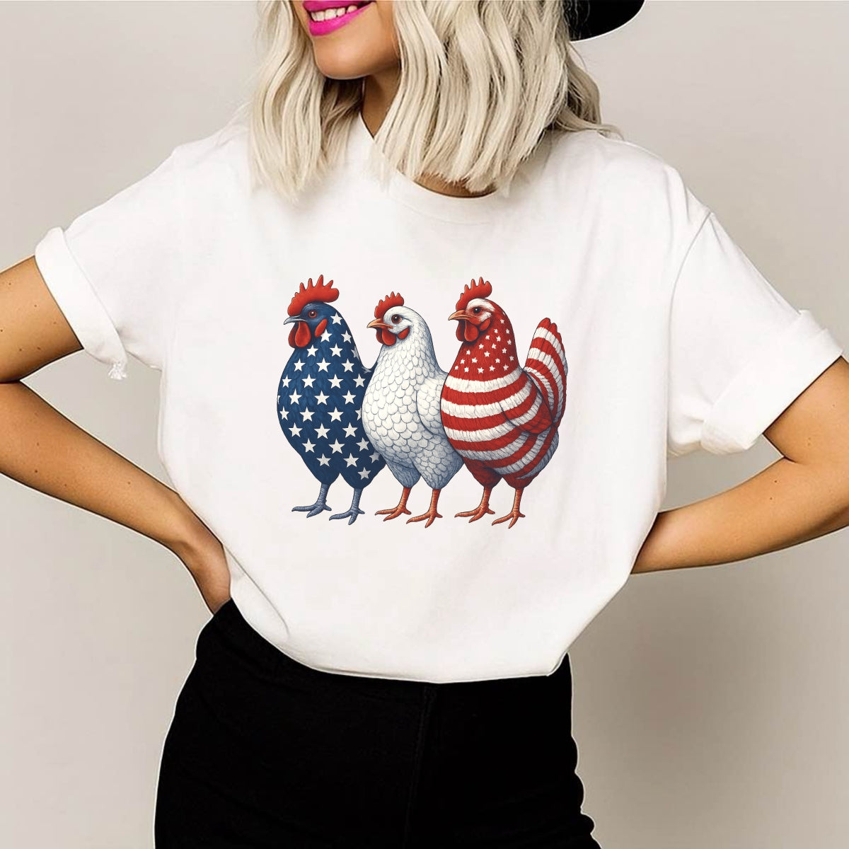 DTF Heat Transfer Iron On Sticker, Patriotic Chicken USA Flag Graphic, for 4th of July Apparel and Independence Day Decor