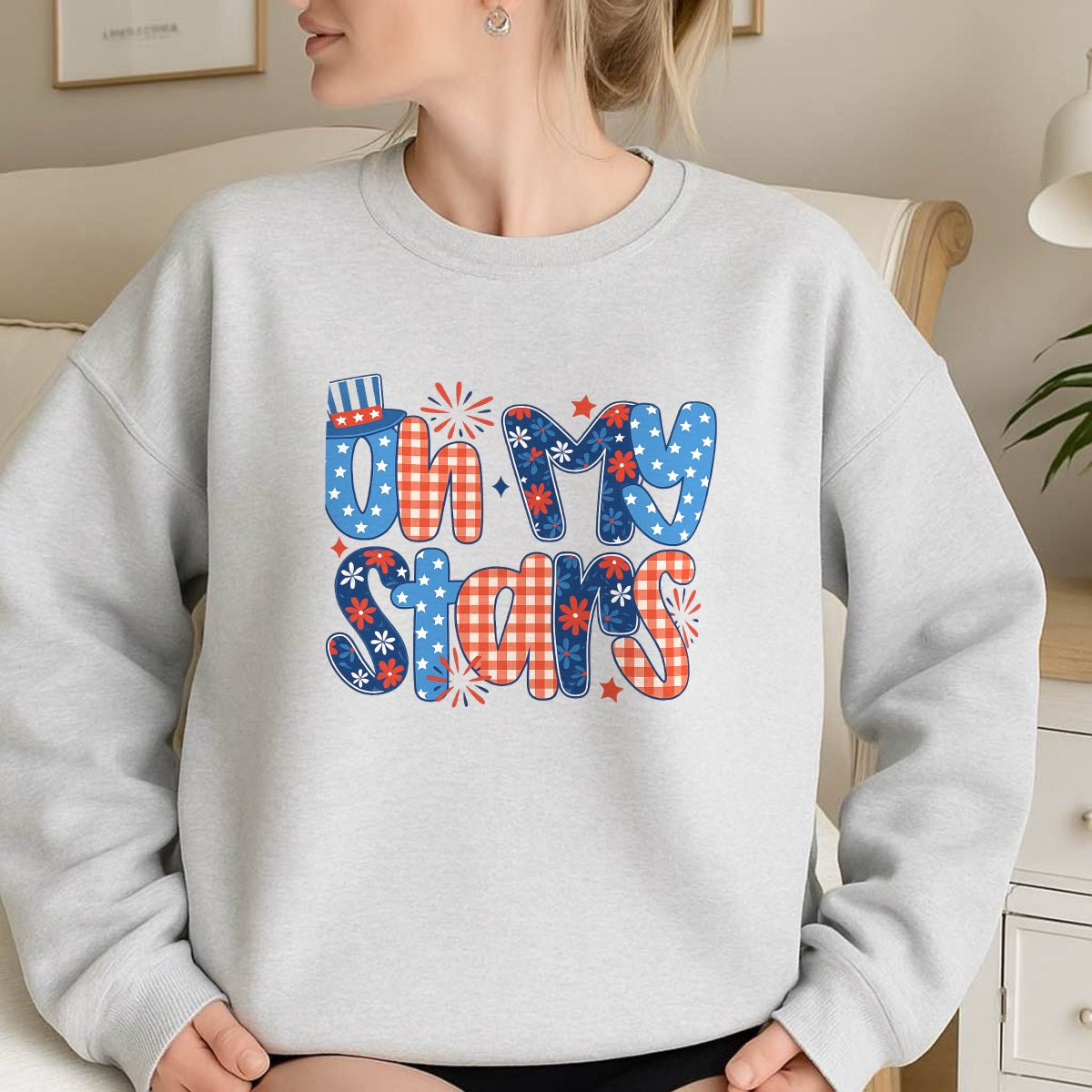 DTF Heat Transfer Iron On Sticker, Patriotic Oh My Stars Graphic, for 4th of July Apparel and Independence Day Decor