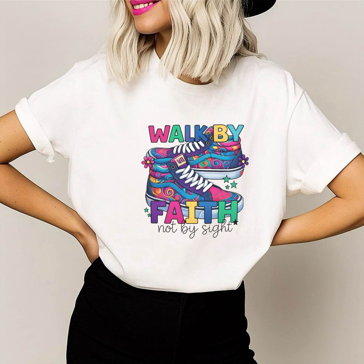DTF Heat Transfer Iron On Sticker, Groovy Faith - Inspired Sneaker Graphic, for Spiritual Apparel and Fun Decor