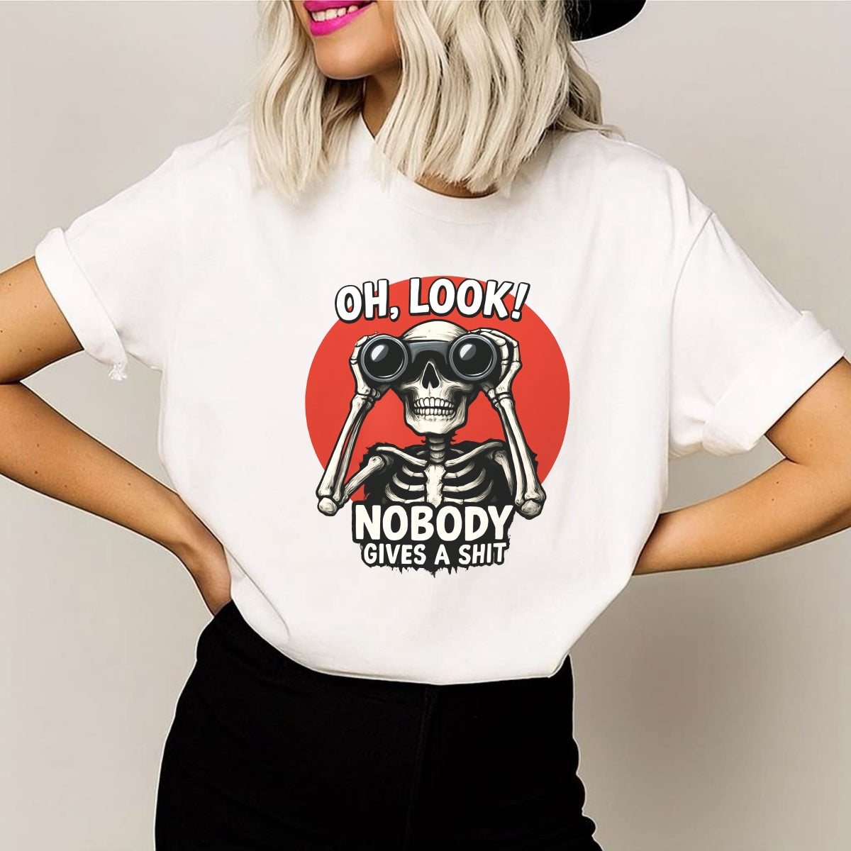 DTF Heat Transfer Iron On Sticker, Sarcastic Skull with Binoculars Graphic, for Edgy Apparel and Humor Driven Merch