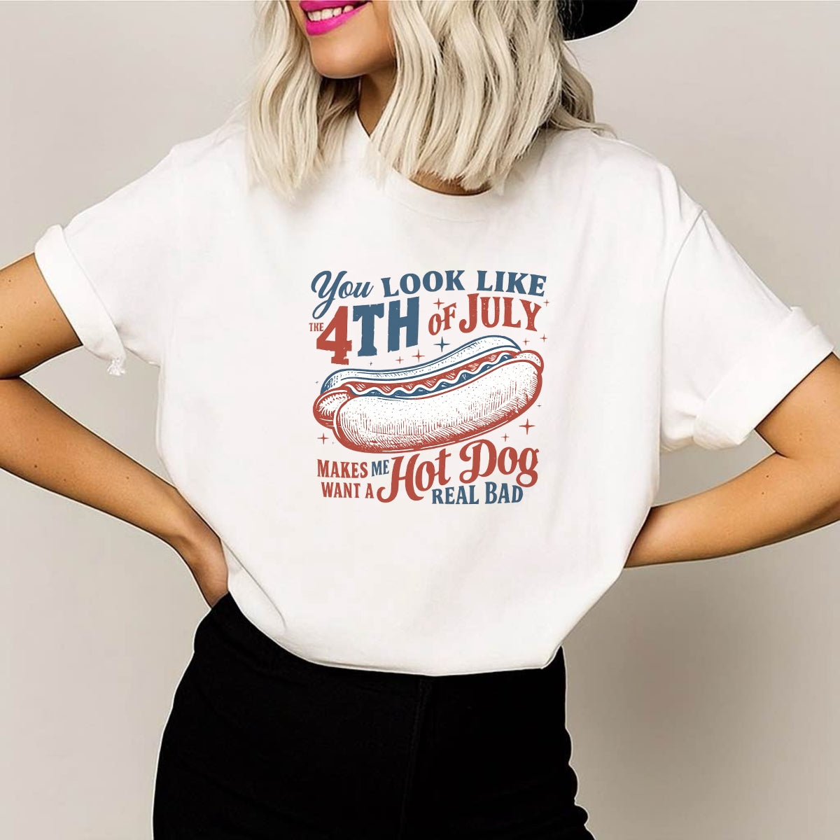 DTF Heat Transfer Iron On Sticker, 4th of July Hot Dog Graphic, for Patriotic Apparel and Independence Day Decor