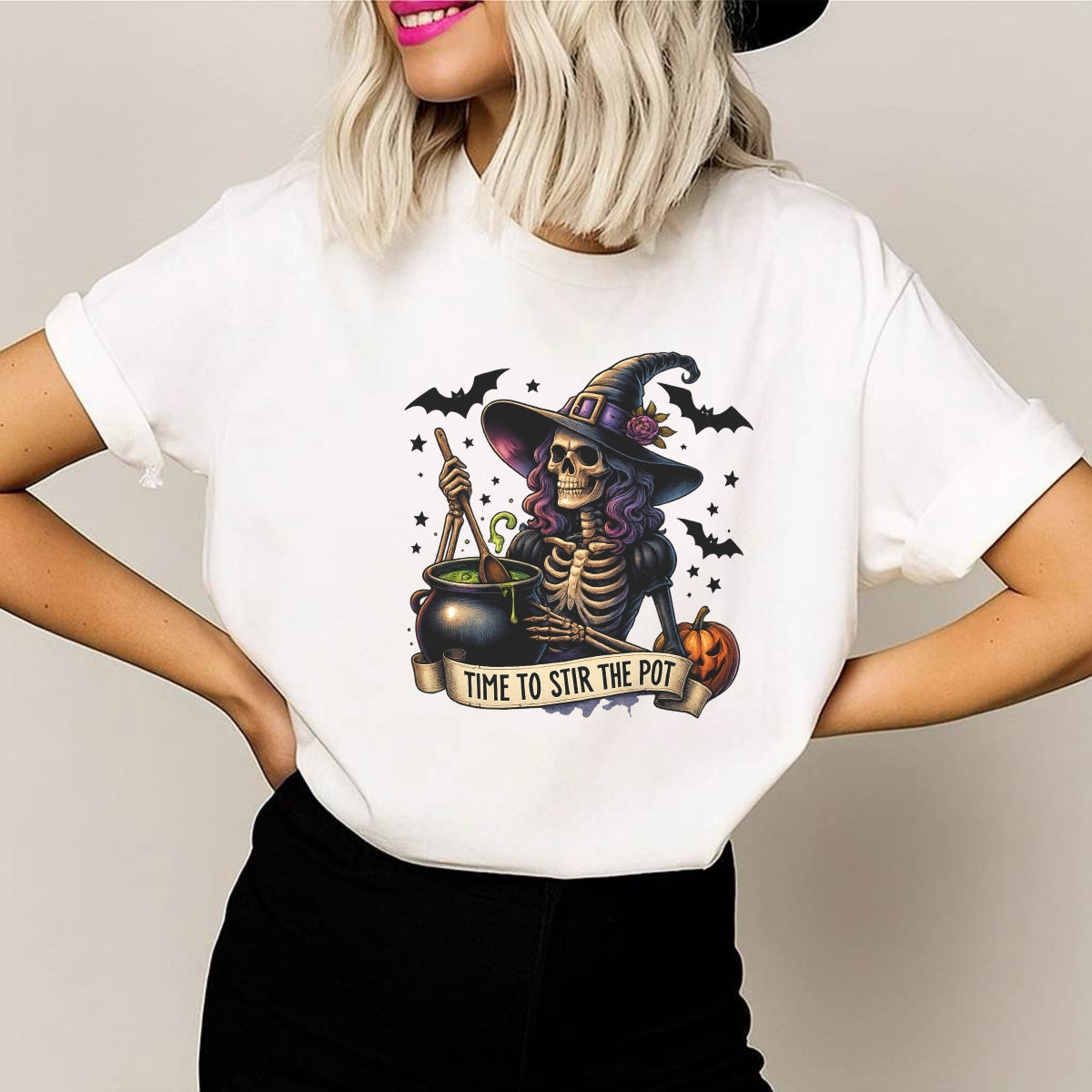 DTF Heat Transfer Iron On Sticker, Halloween Witch Skull Graphic, for Halloween Apparel and Spooky Decor