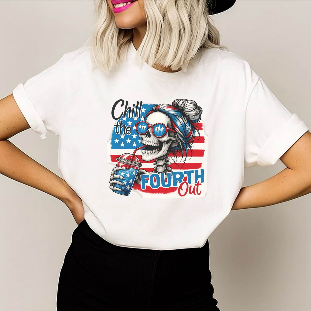 DTF Heat Transfer Iron On Sticker, Patriotic Skull Fourth of July Graphic, for Independence Day Apparel and Summer Celebration Merch