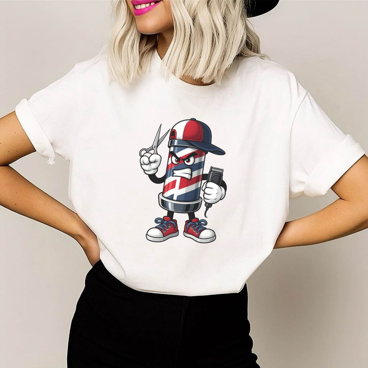 DTF Heat Transfer Iron On Sticker, Barber Pole Cartoon Character Graphic, for Barber Shop Apparel and Hairdresser Merch