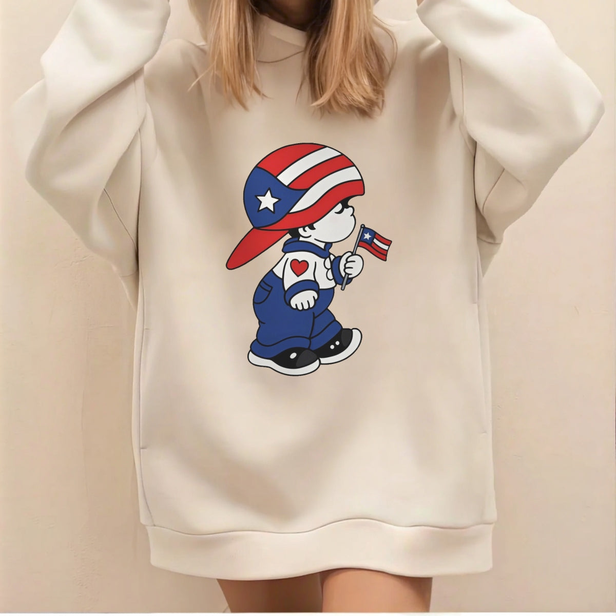 DTF Heat Transfer Iron On Sticker, Puerto Rico Flag - Themed Cartoon Character Design, for Patriotic Apparel Decoration