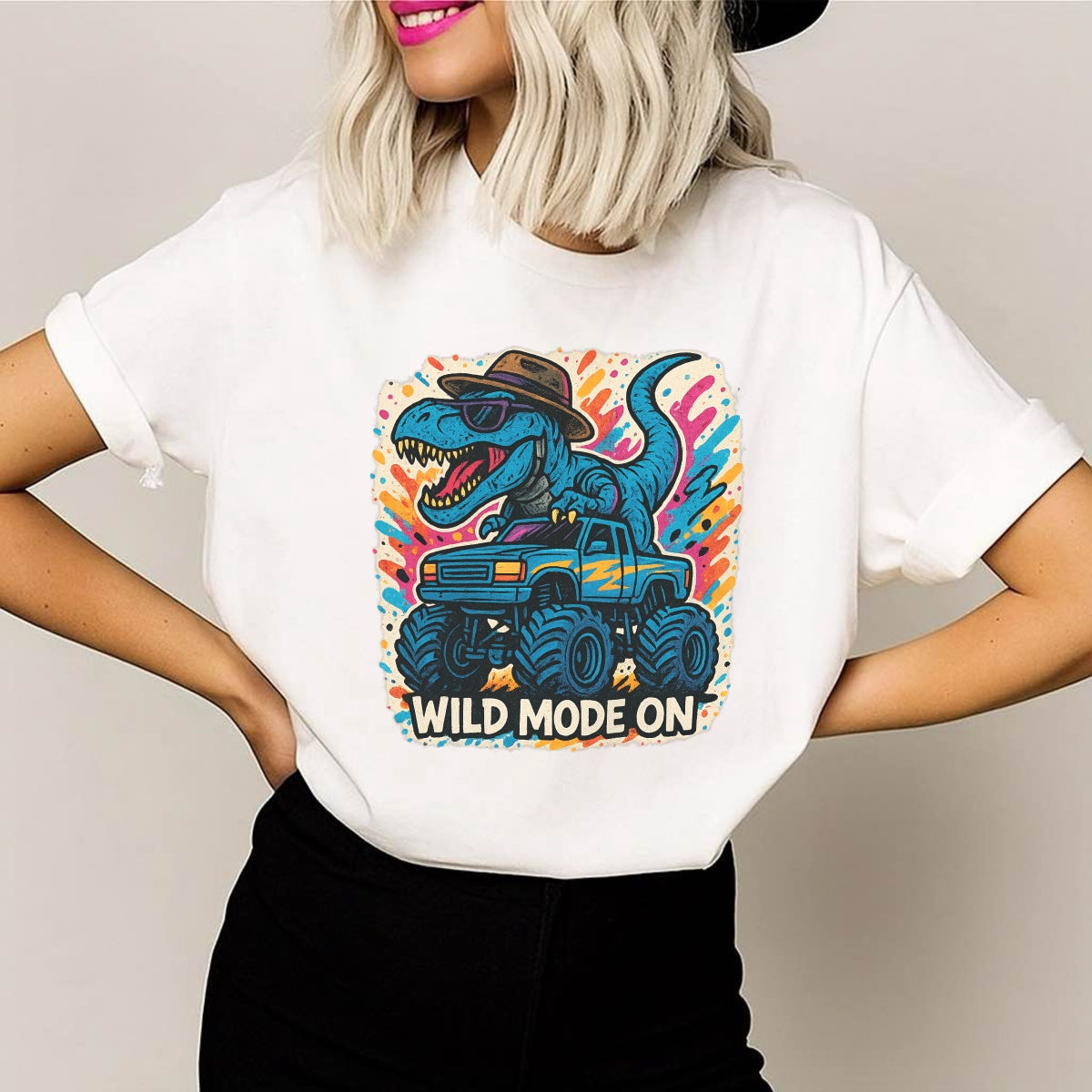 DTF Heat Transfer Iron On Sticker, Colorful Dinosaur Monster Truck Wild Mode Graphic, for Trendy Adventure Apparel and Funky Outdoor Merch