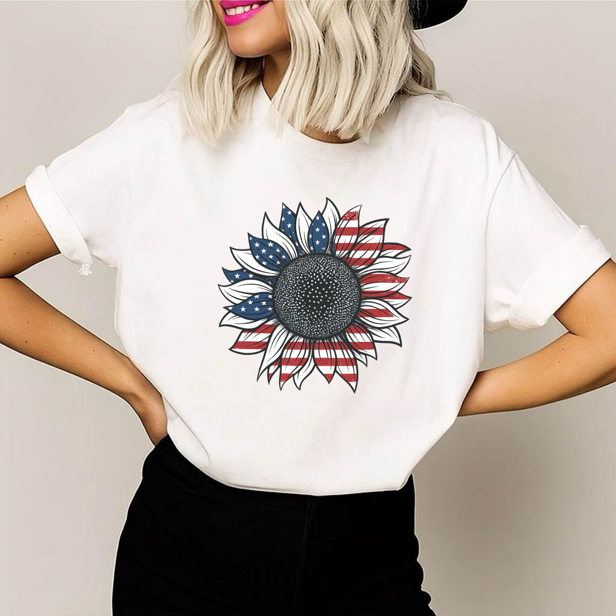 DTF Heat Transfer Iron On Sticker, Patriotic Sunflower with USA Flag Graphic, for American Themed Apparel and Festive Decor
