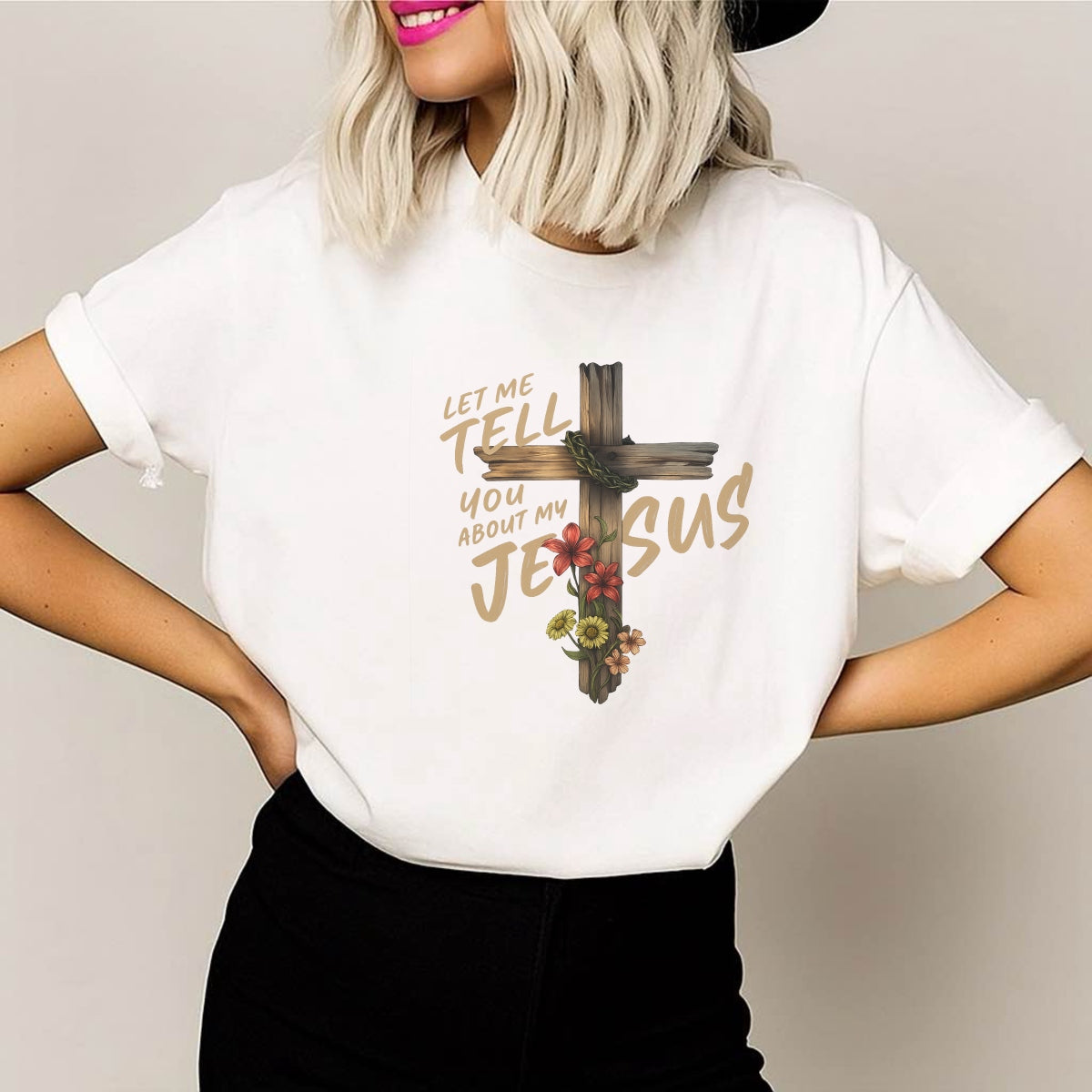 DTF Heat Transfer Iron On Sticker, Floral Cross Religious Quote Graphic, for Faith - Inspired Apparel and Spiritual Decor
