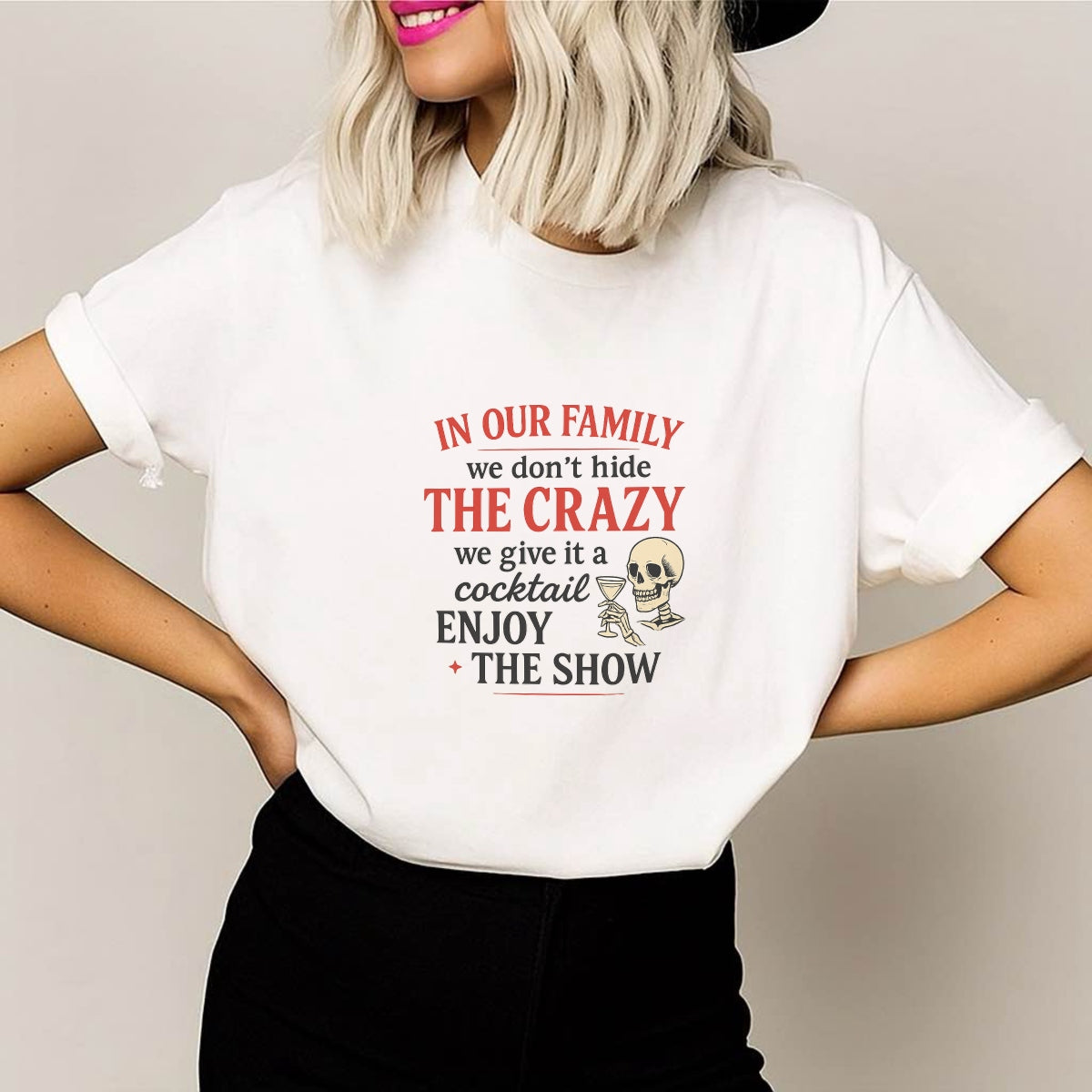 DTF Heat Transfer Iron On Sticker, Edgy Family Crazy & Cocktail Skull Graphic, For Bold Home Decor And Fun Loving Apparel