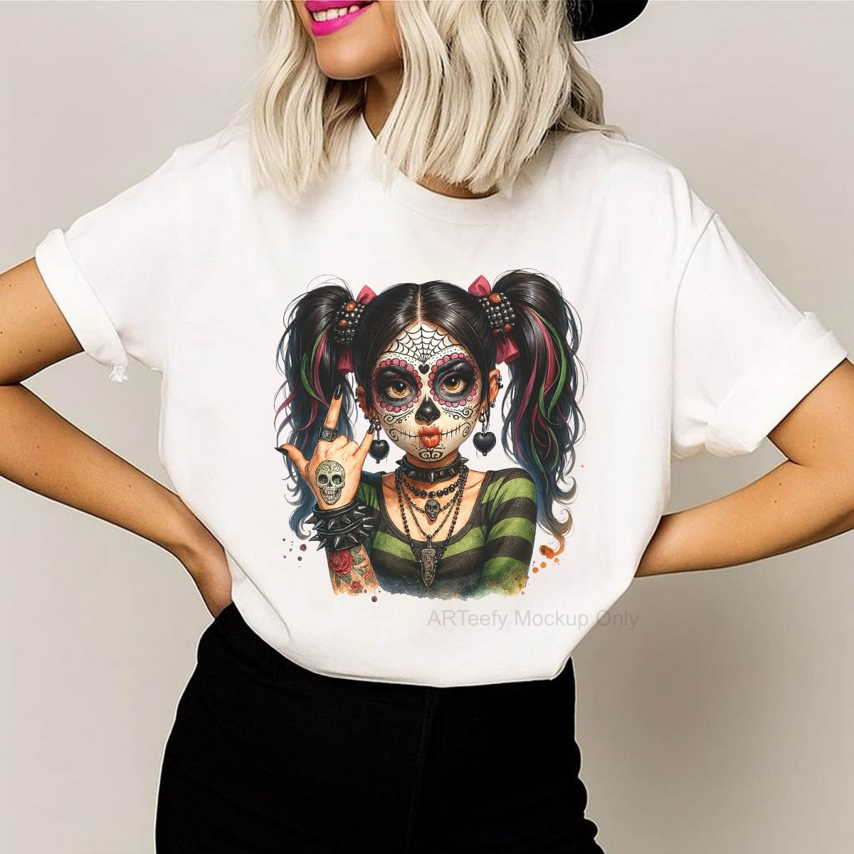 DTF Heat Transfer Iron On Sticker, Halloween Themed Stylish Sugar Skull Girl Elements, For Spooky Season Edgy Apparel and Halloween Party Decor