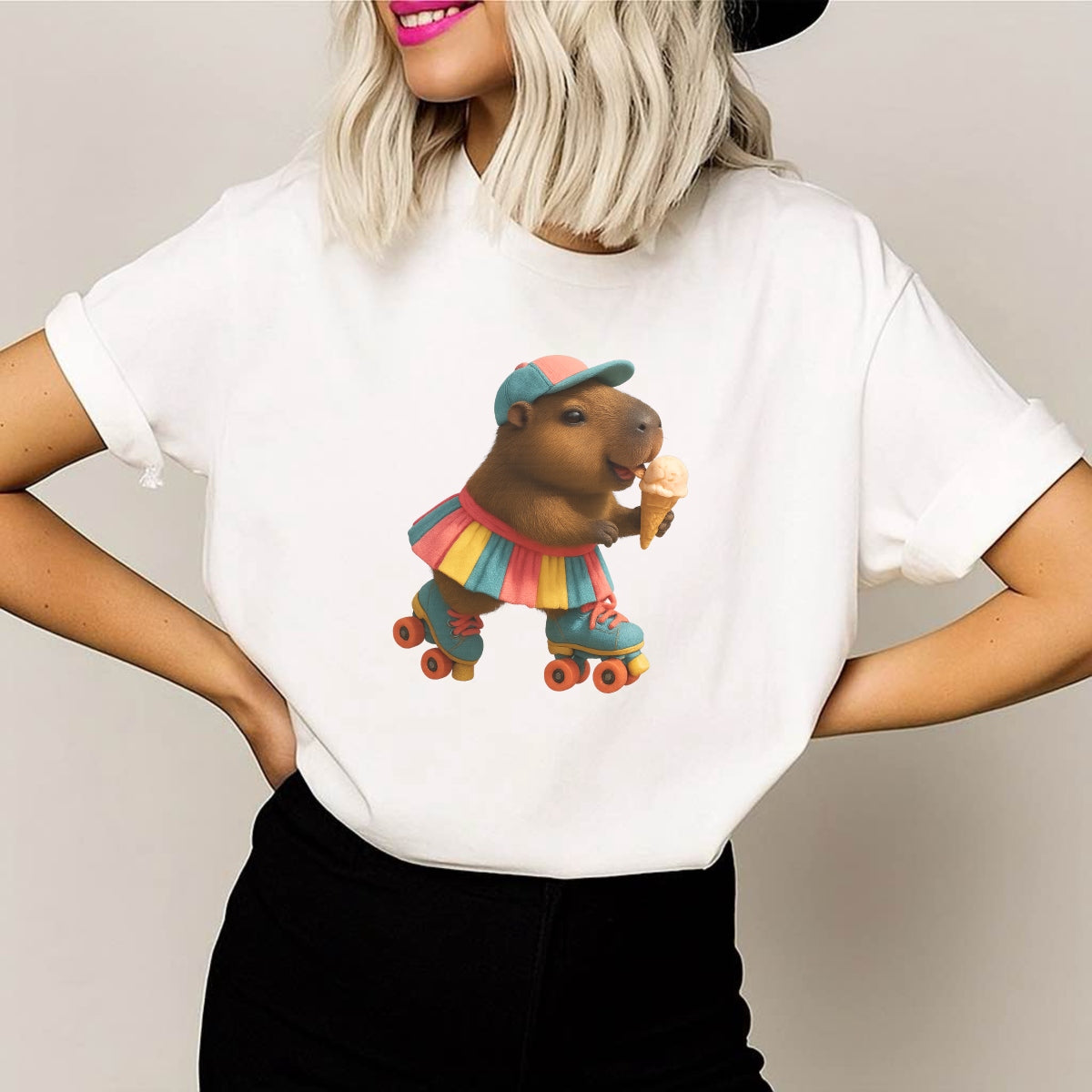 DTF Heat Transfer Iron On Sticker, Cute Capybara With Roller Skates & Ice Cream Graphic, For Fun Loving Apparel And Playful Decor