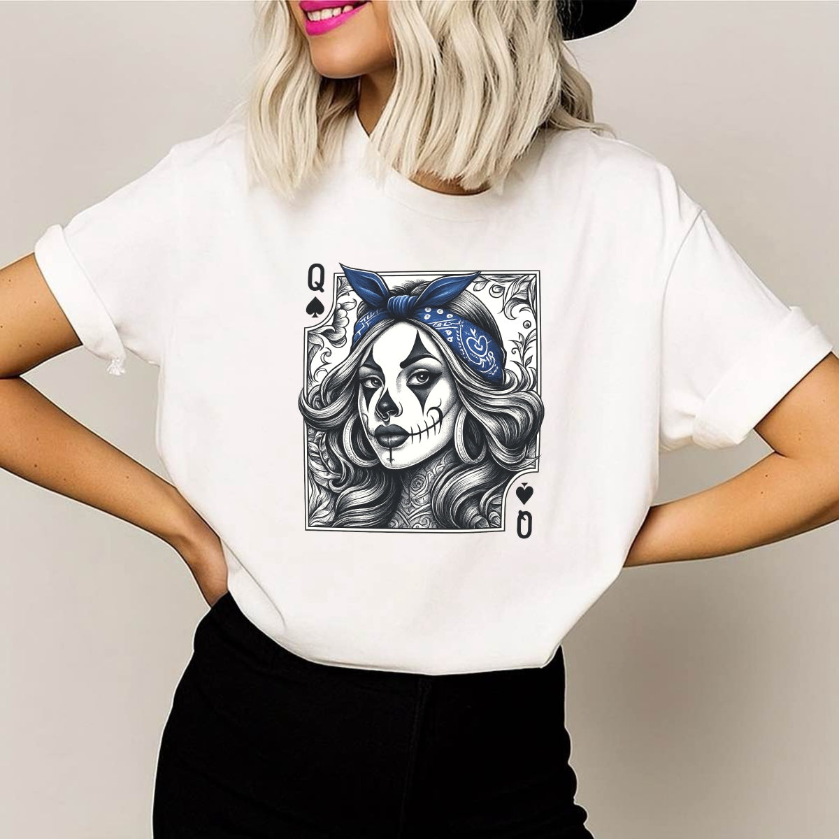 DTF Heat Transfer Iron On Sticker, Tattoo Style Queen Of Spades Graphic, For Edgy Apparel And Tattoo Art Decor