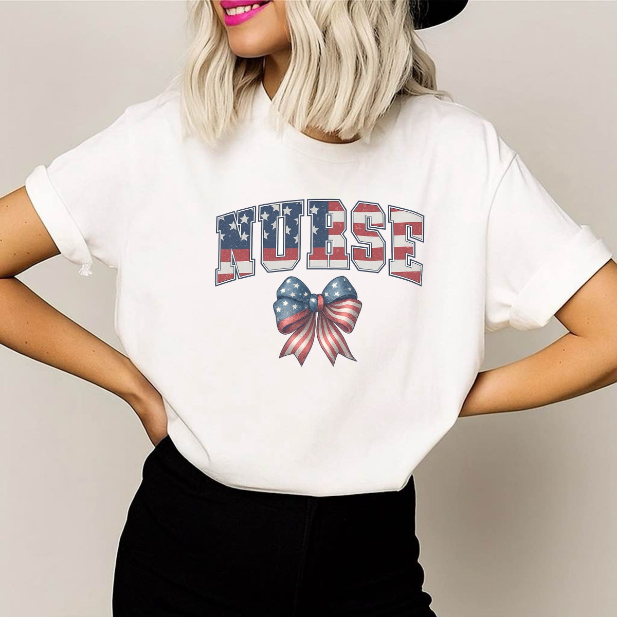DTF Heat Transfer Iron On Sticker, Patriotic Nurse American Flag Bow Design, for Nurse Apparel and Patriotic Medical Merch