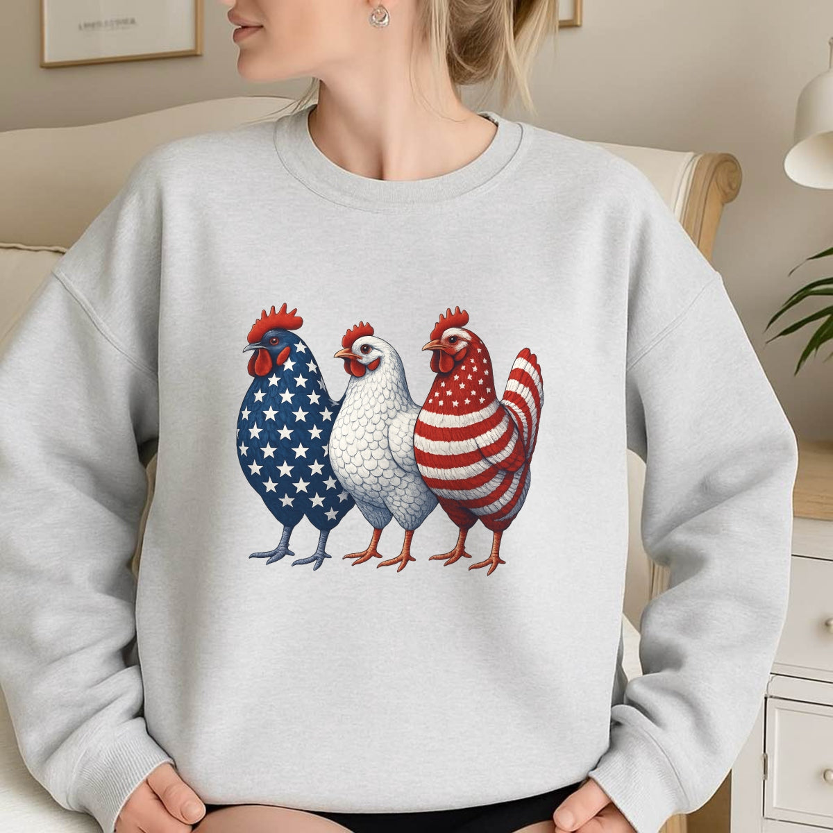 DTF Heat Transfer Iron On Sticker, Patriotic Chicken USA Flag Graphic, for 4th of July Apparel and Independence Day Decor