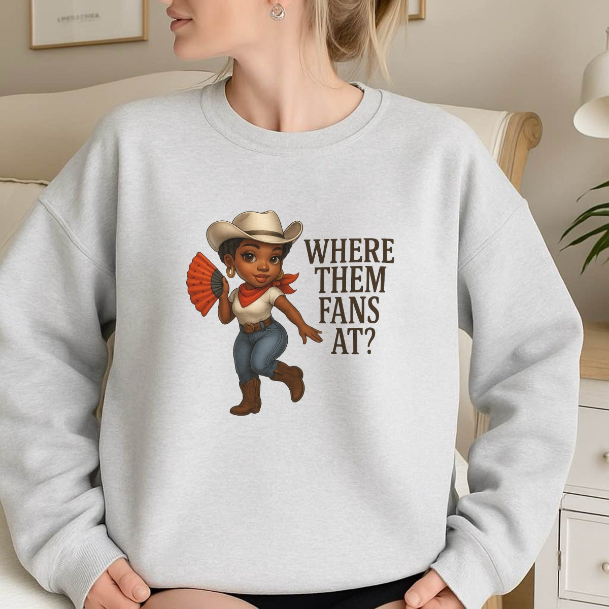 DTF Heat Transfer Iron On Sticker, Western Style “Where Them Fans At?” Graphic, for Trendy Apparel and Country  Vibe Decor