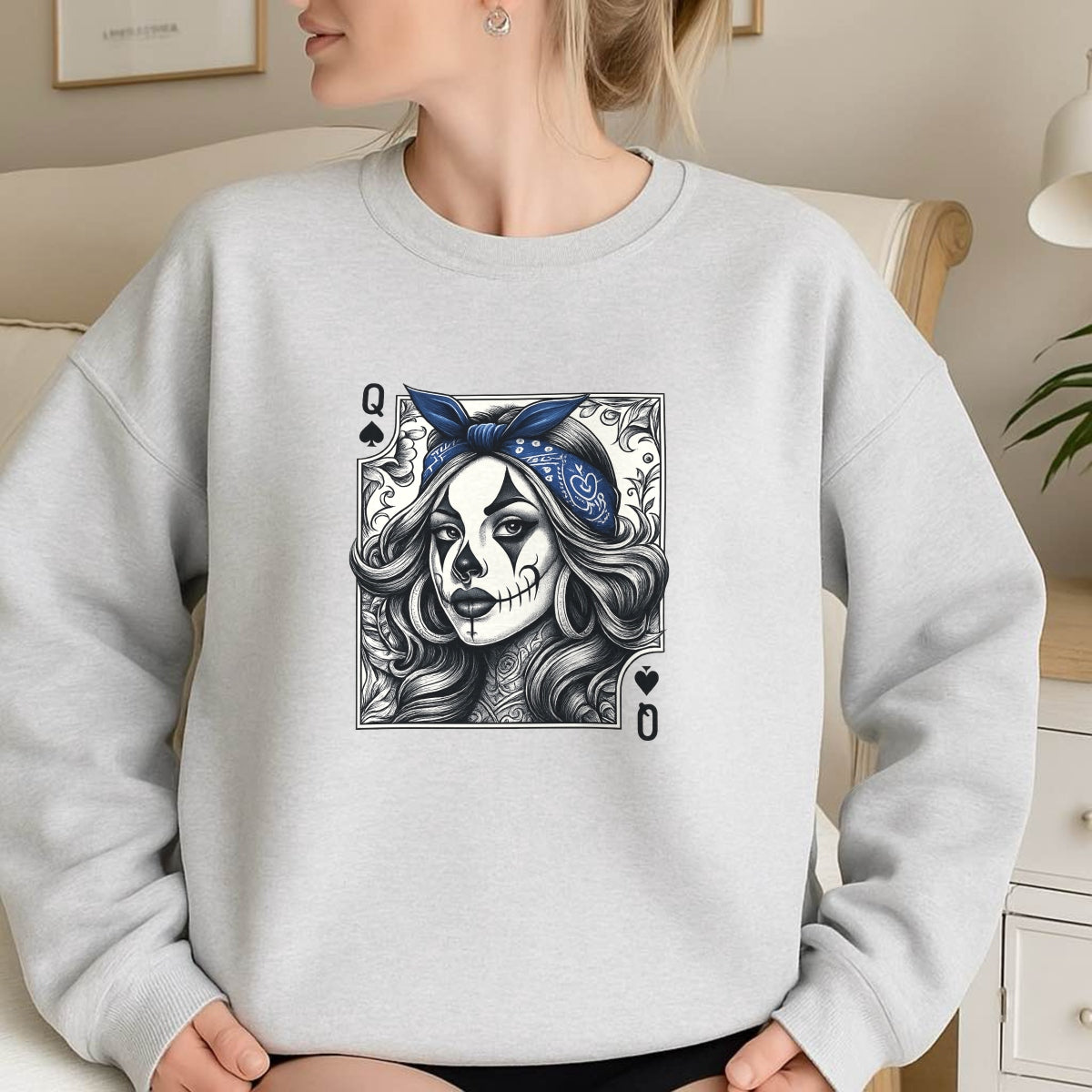 DTF Heat Transfer Iron On Sticker, Tattoo Style Queen Of Spades Graphic, For Edgy Apparel And Tattoo Art Decor