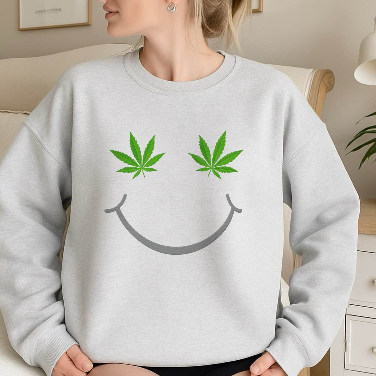 DTF Heat Transfer Iron On Sticker, Smile Face with Green Leaf Graphic, for Trendy Streetwear and Casual Fashion Decor