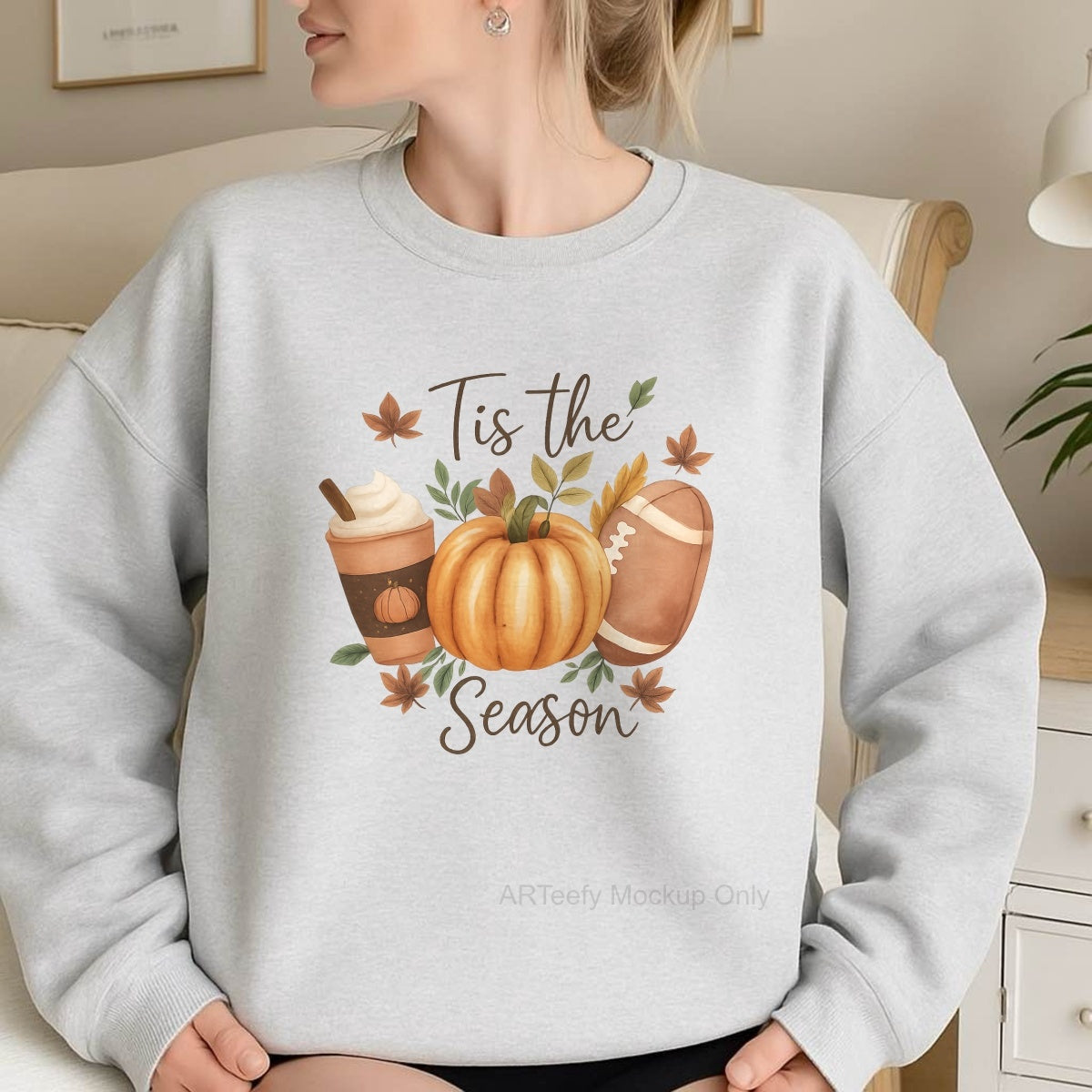 DTF Heat Transfer Iron On Sticker, Autumn Themed Pumpkin, Coffee & Football Elements with Tis the SeasonText, For Fall Inspired Apparel and Seasonal Decor