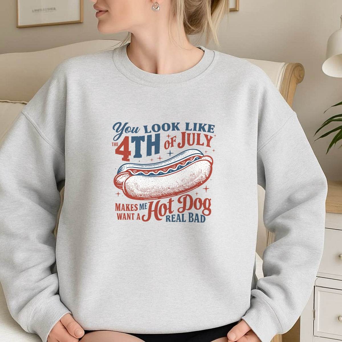DTF Heat Transfer Iron On Sticker, 4th of July Hot Dog Graphic, for Patriotic Apparel and Independence Day Decor