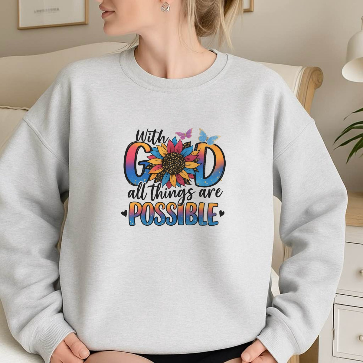 DTF Heat Transfer Iron On Sticker, Inspirational “With God” Sunflower Graphic, for Faith - Based Apparel and Uplifting Decor